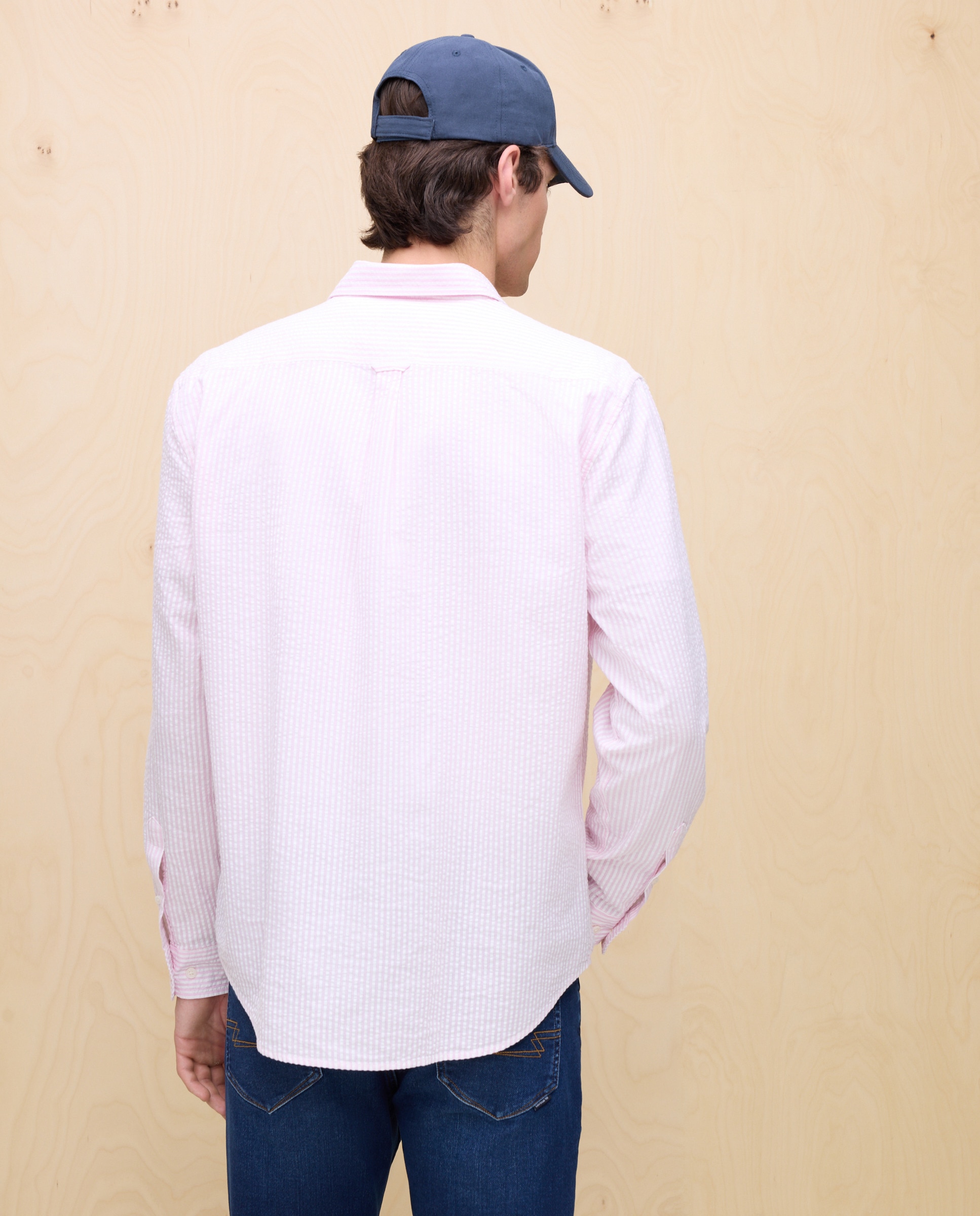 Camisa de Manga Comprida às Riscas Seersucker Rosa-2