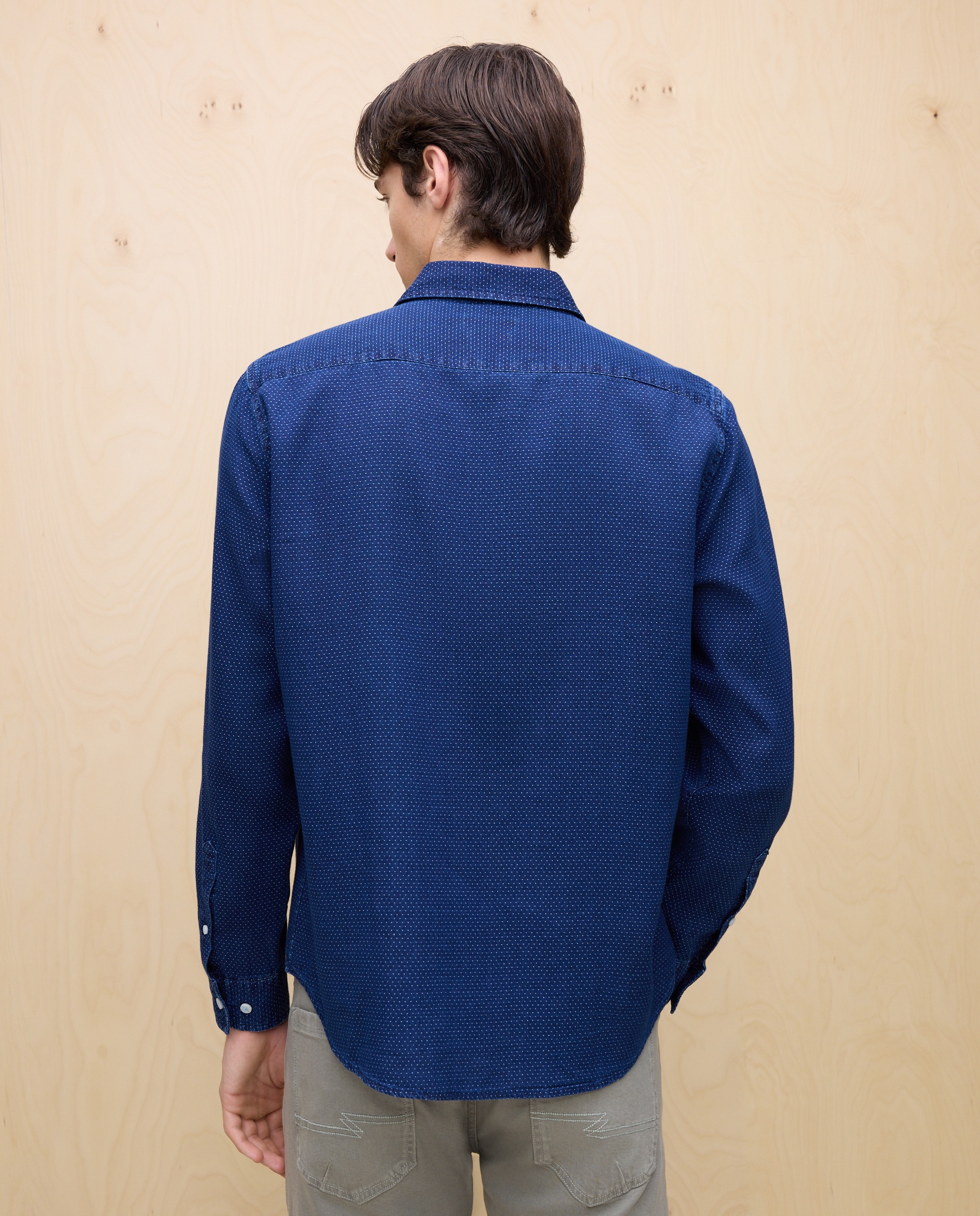 Camisa de Manga Comprida com Estrutura de Ganga Jacquard Índigo-3
