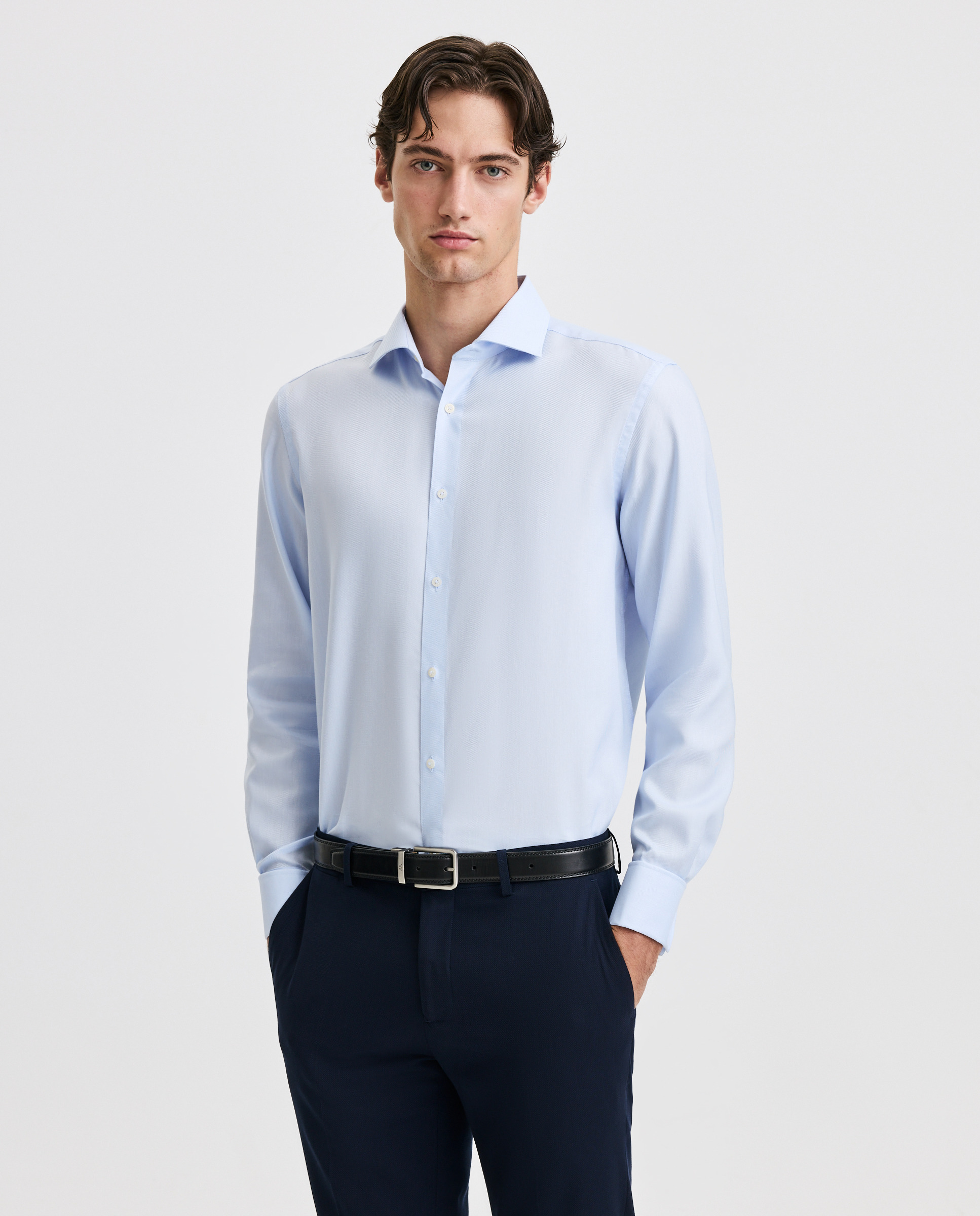 Camisa Clássica de Punho Duplo Coolmax 410 Azul Claro-1