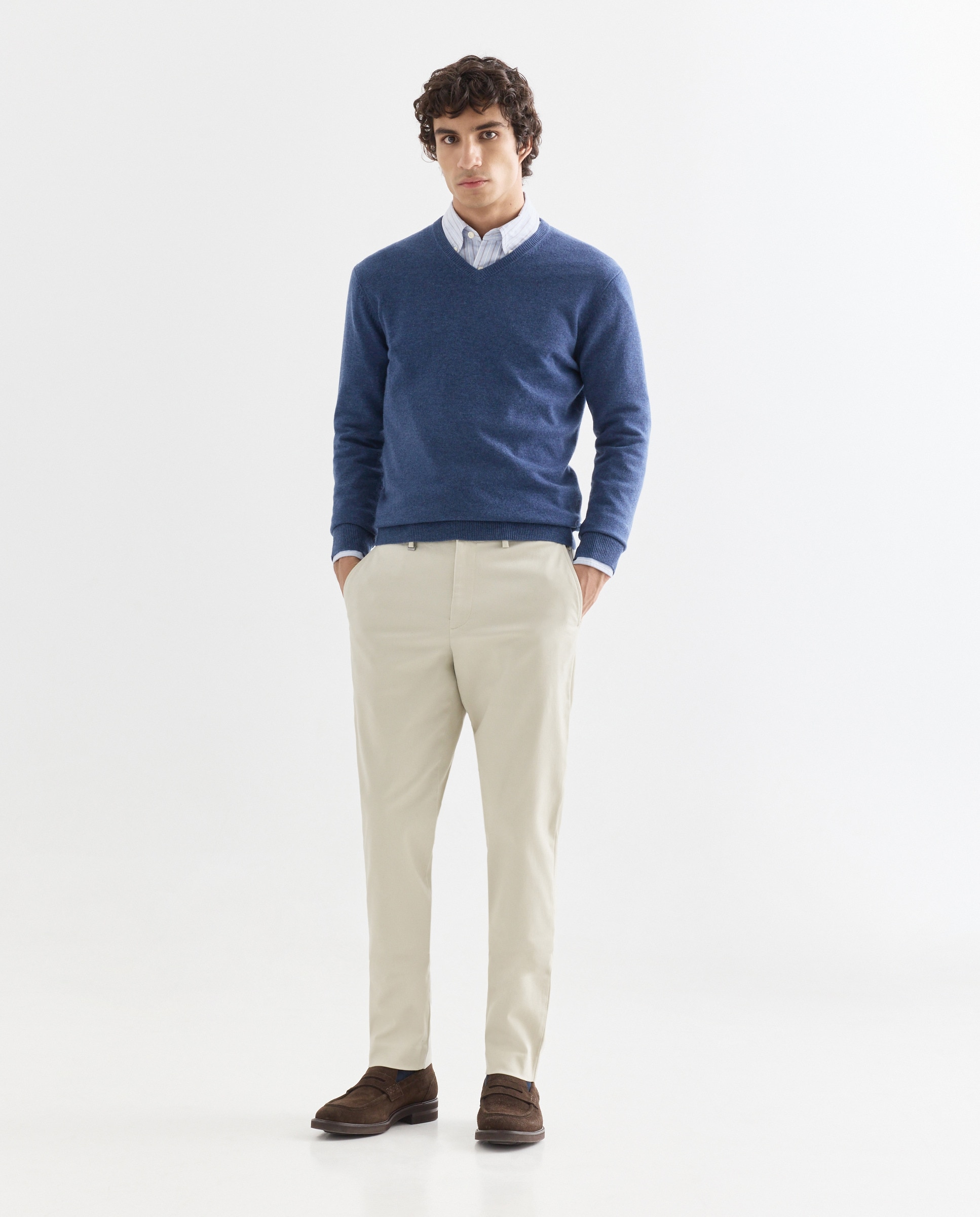 Camisola de malha com decote em bico Azul-2