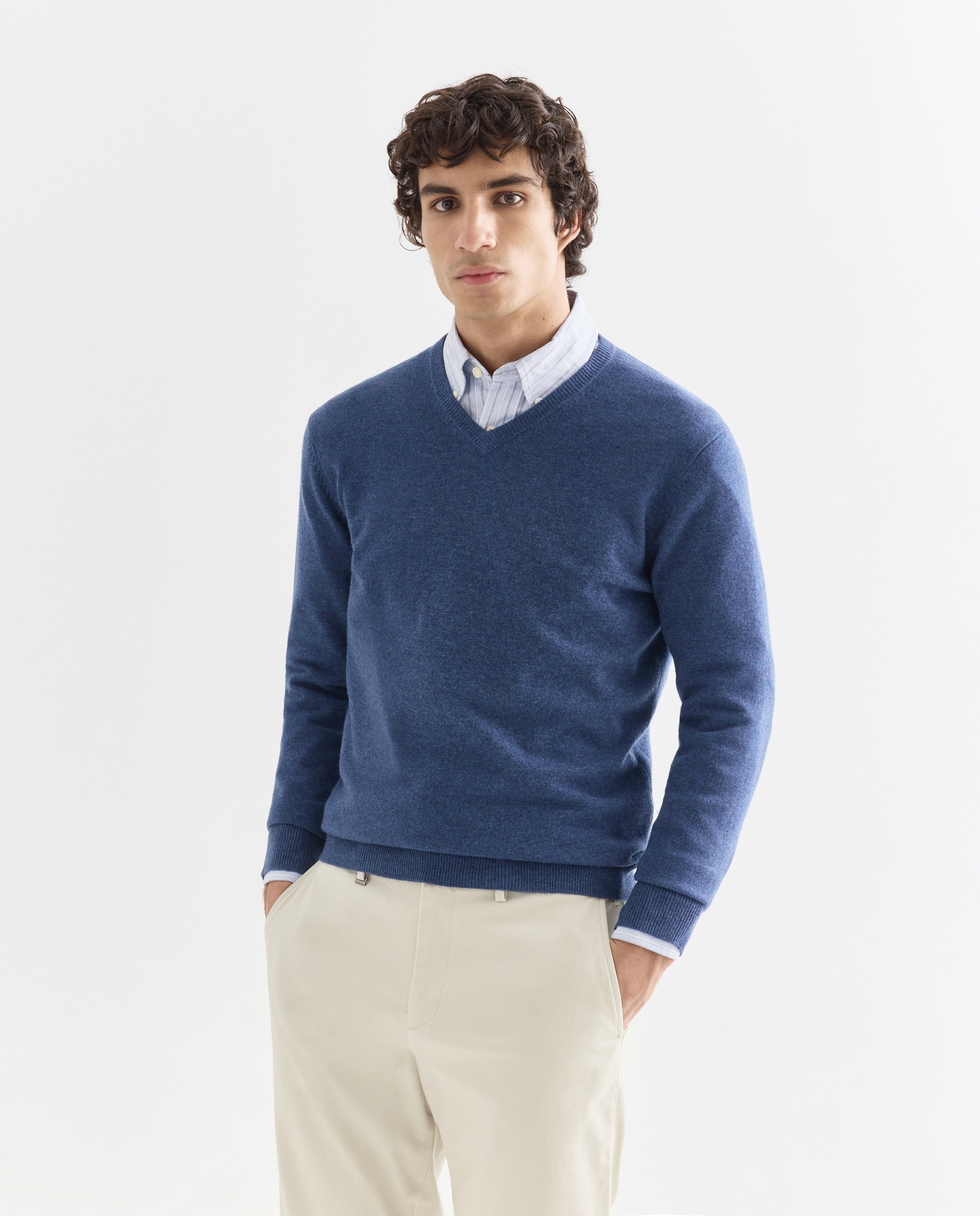 Camisola de malha com decote em bico Azul-1