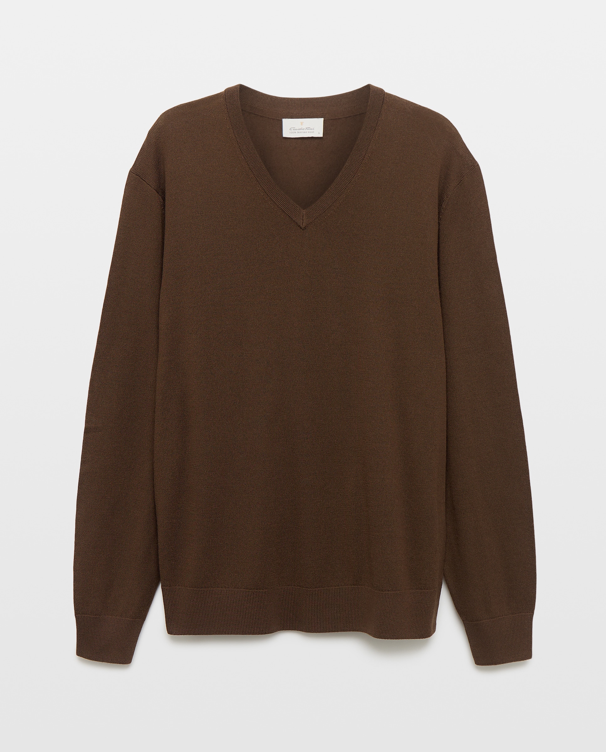 Camisola de Malha Lisa 100% Lã Merino com Decote em Bico Castanho-escuro-4