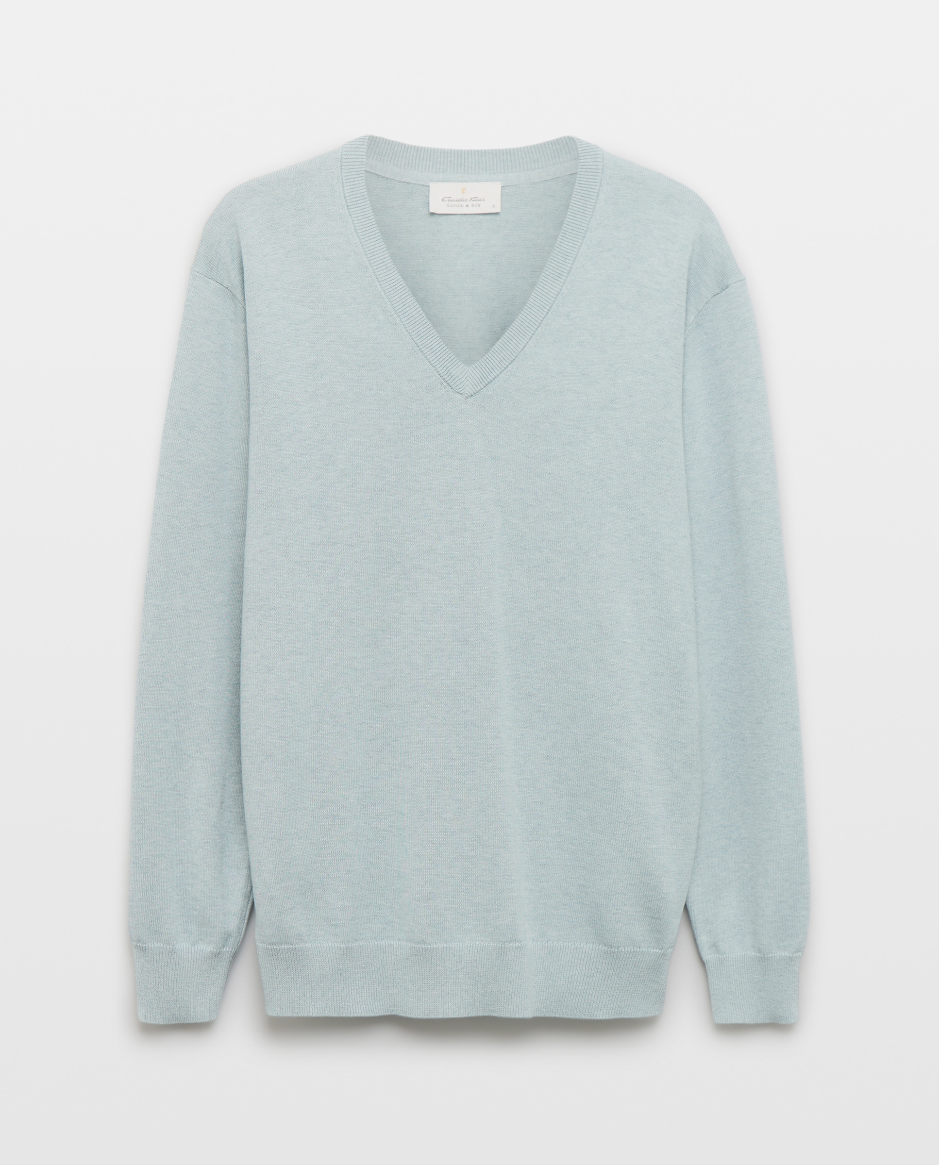 Camisola de Malha Lisa com Decote em Bico e em Algodão e Seda Verde Água-5