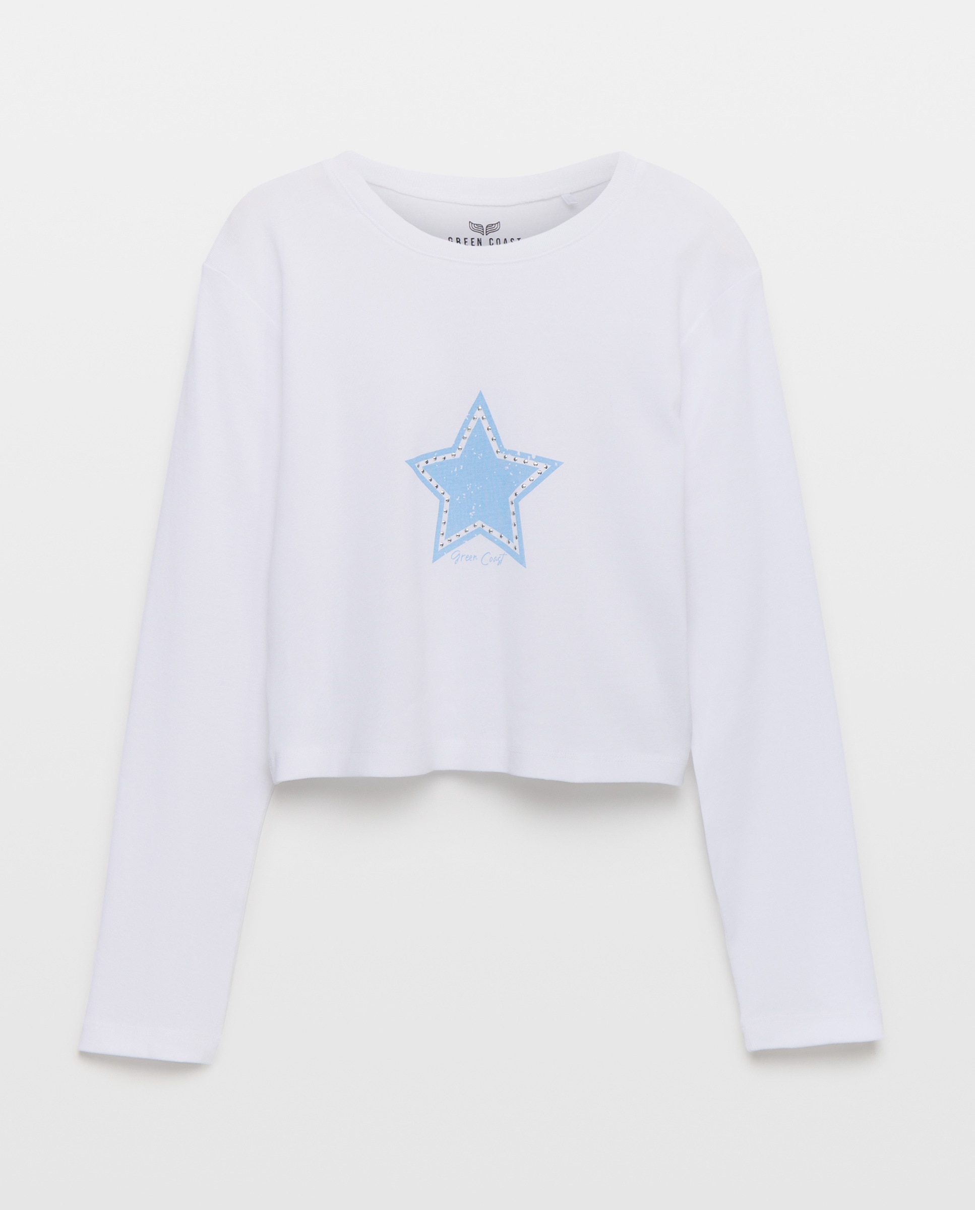Camisola de Manga Comprida e Decote Redondo com Estrela de Tachas Branco-5