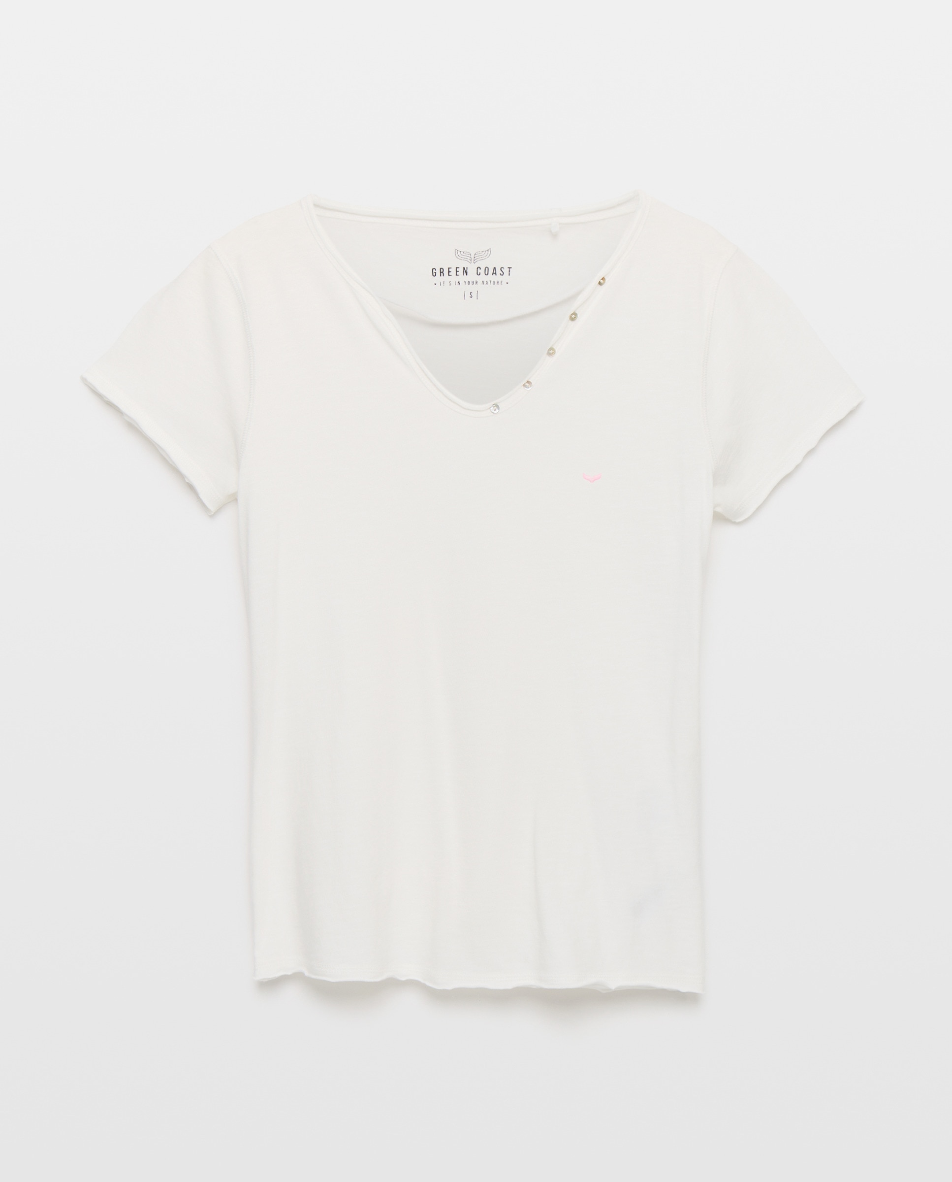 T-shirt Lisa de Manga Curta e Decote em Bico com Botões Branco-4