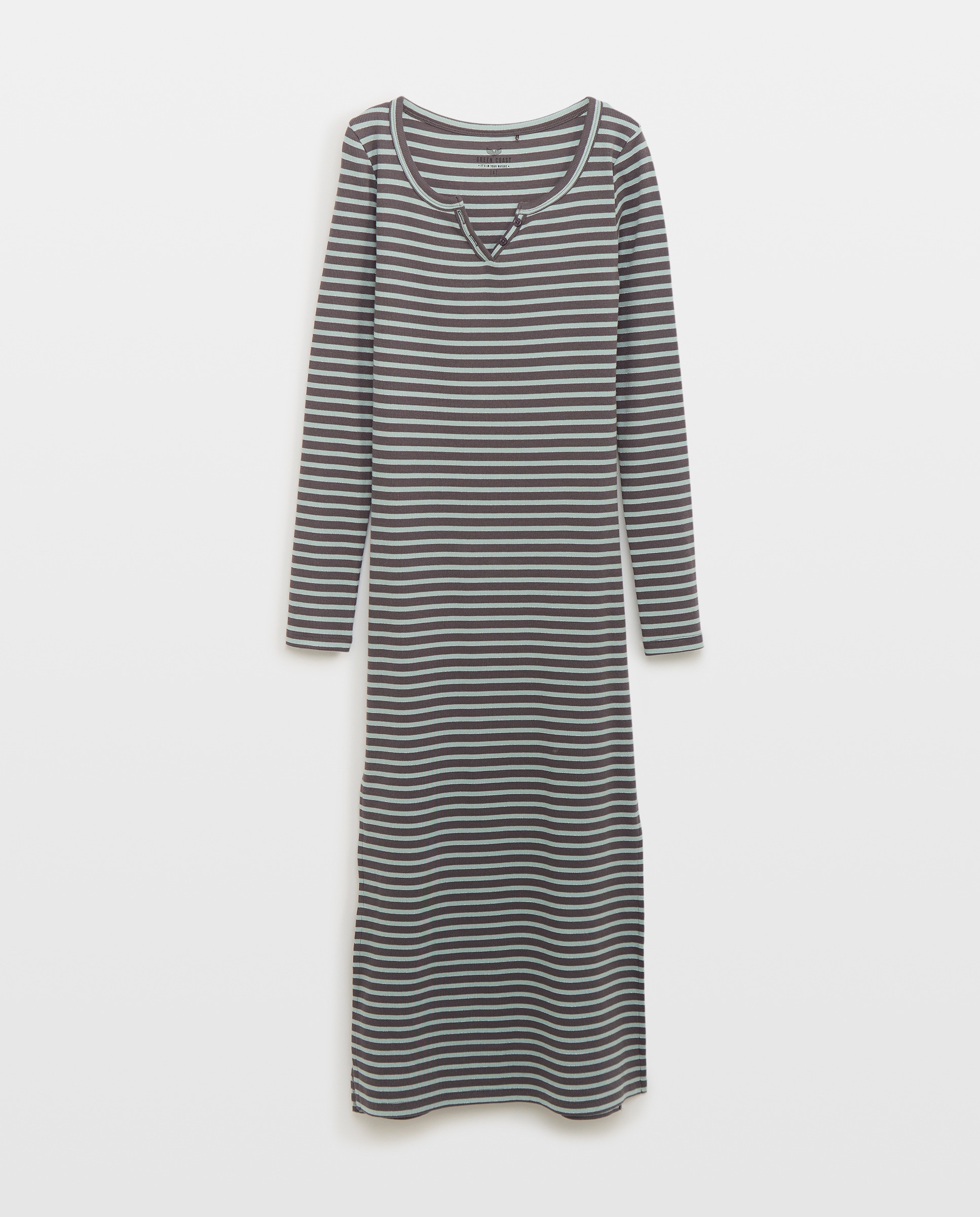 Vestido de Manga Comprida e Decote em Bico às Riscas Caneladas de Fio Metalizado Verde-5