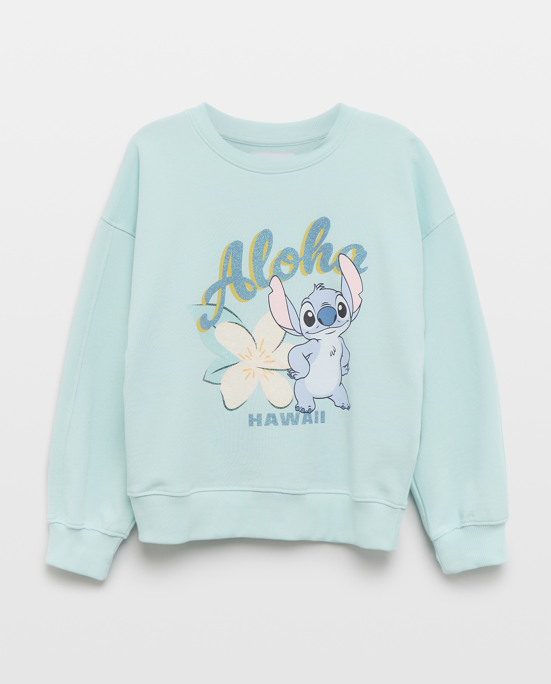 Sweatshirt de Decote Redondo com Estampado Posicional Stitch Aloha com Glitter Kids El Corte Inglés 582 Verde Água-4