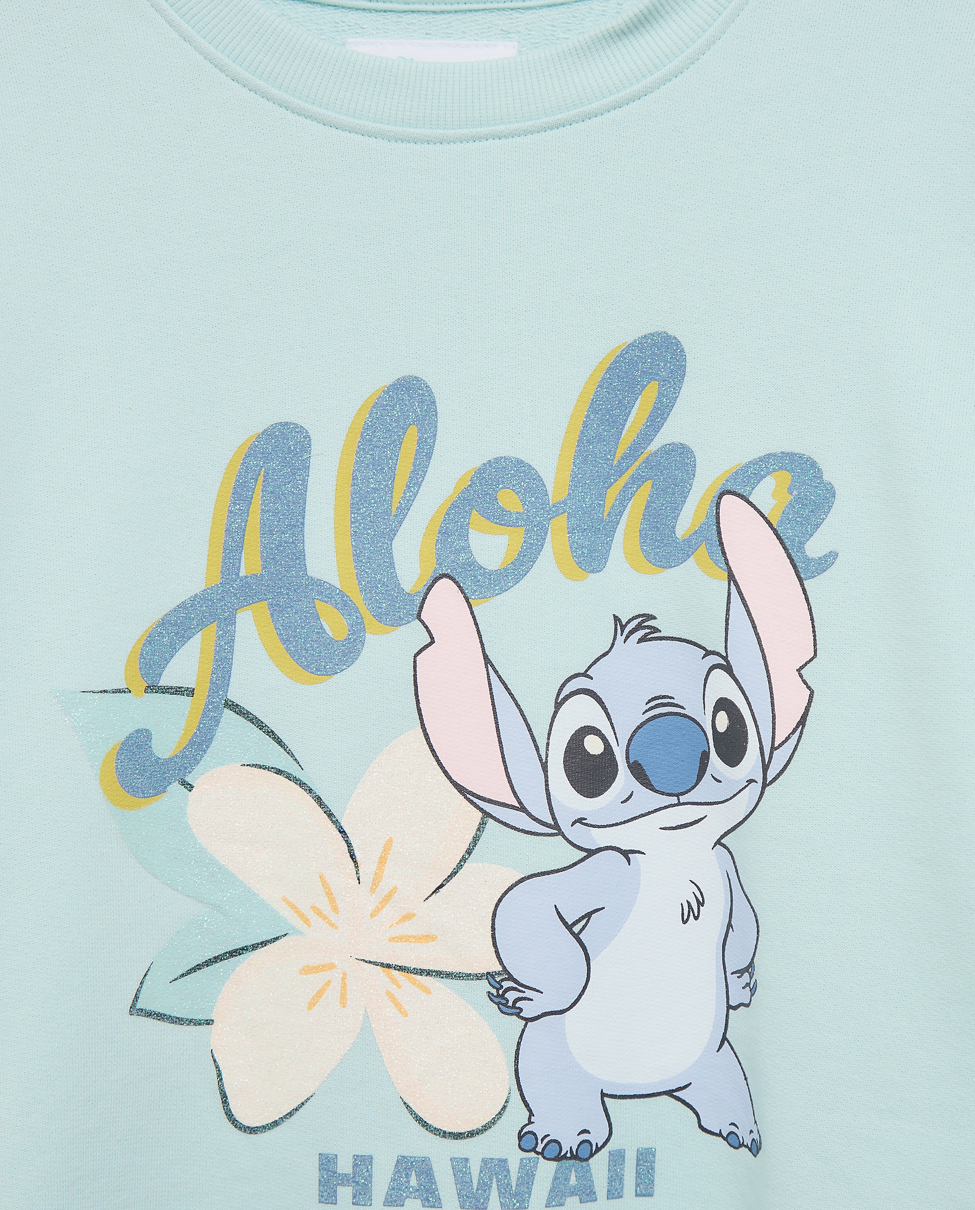 Sweatshirt de Decote Redondo com Estampado Posicional Stitch Aloha com Glitter Kids El Corte Inglés 582 Verde Água-5