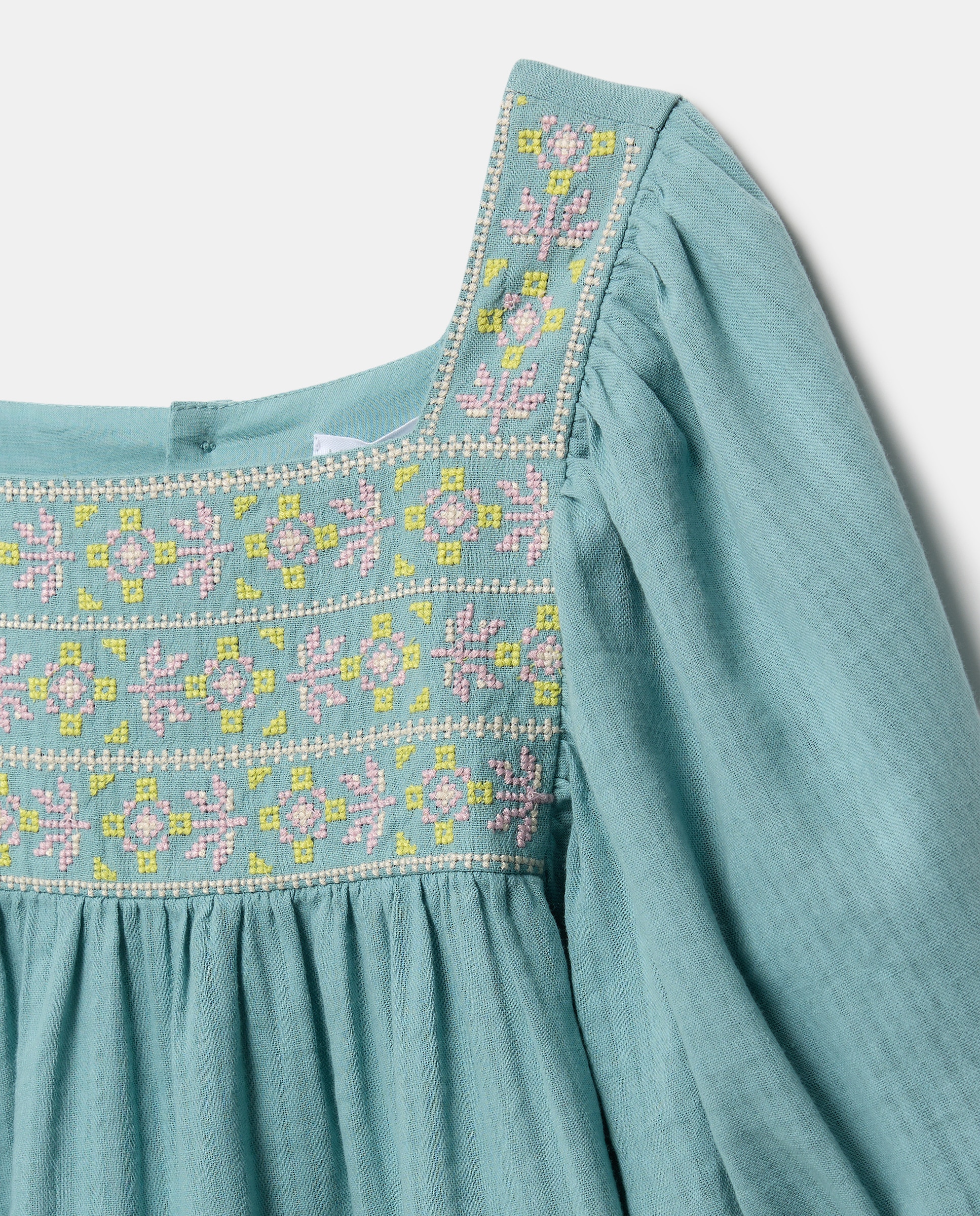 Vestido niña de gasa con bordados Verde Pato-3