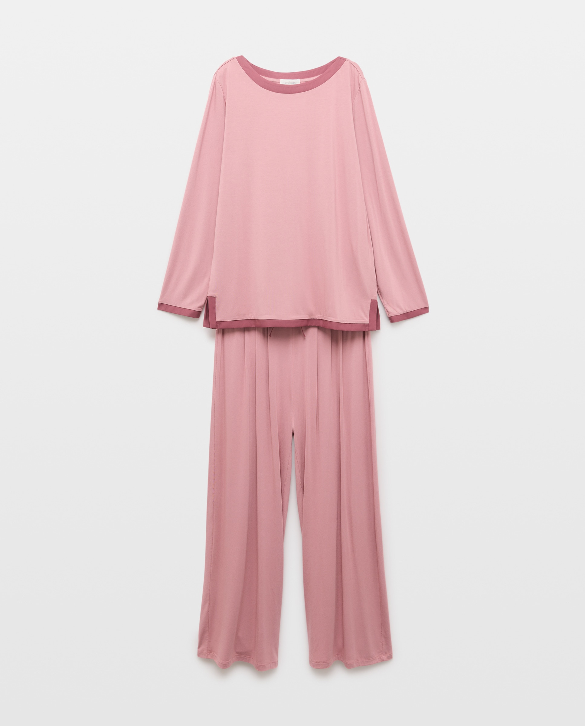 Pijama de Cetim com Vivos em Contraste 220 Rosa Pálido-3