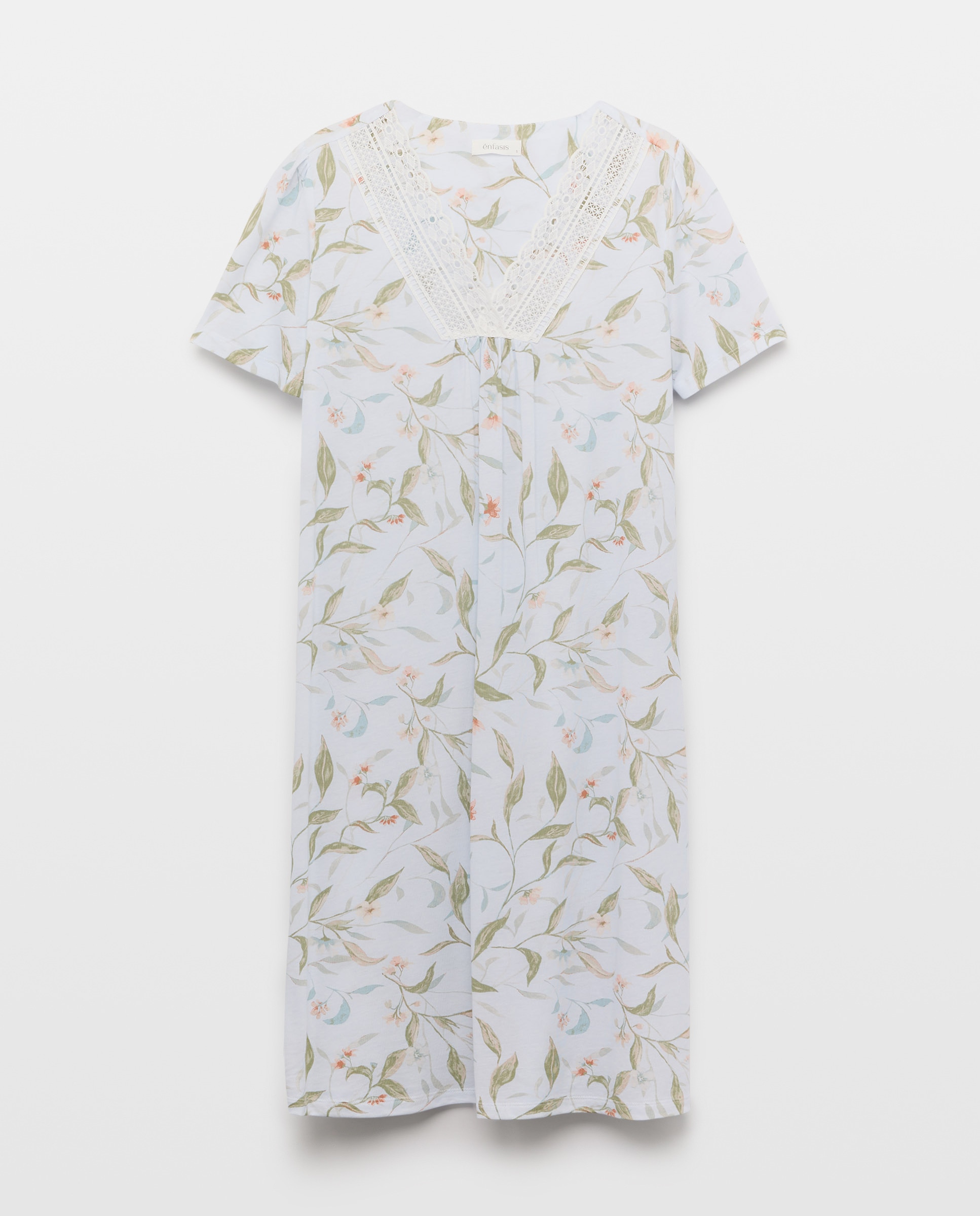 Camisa de Dormir com Estampado Floral e Gola de Renda Azul-3