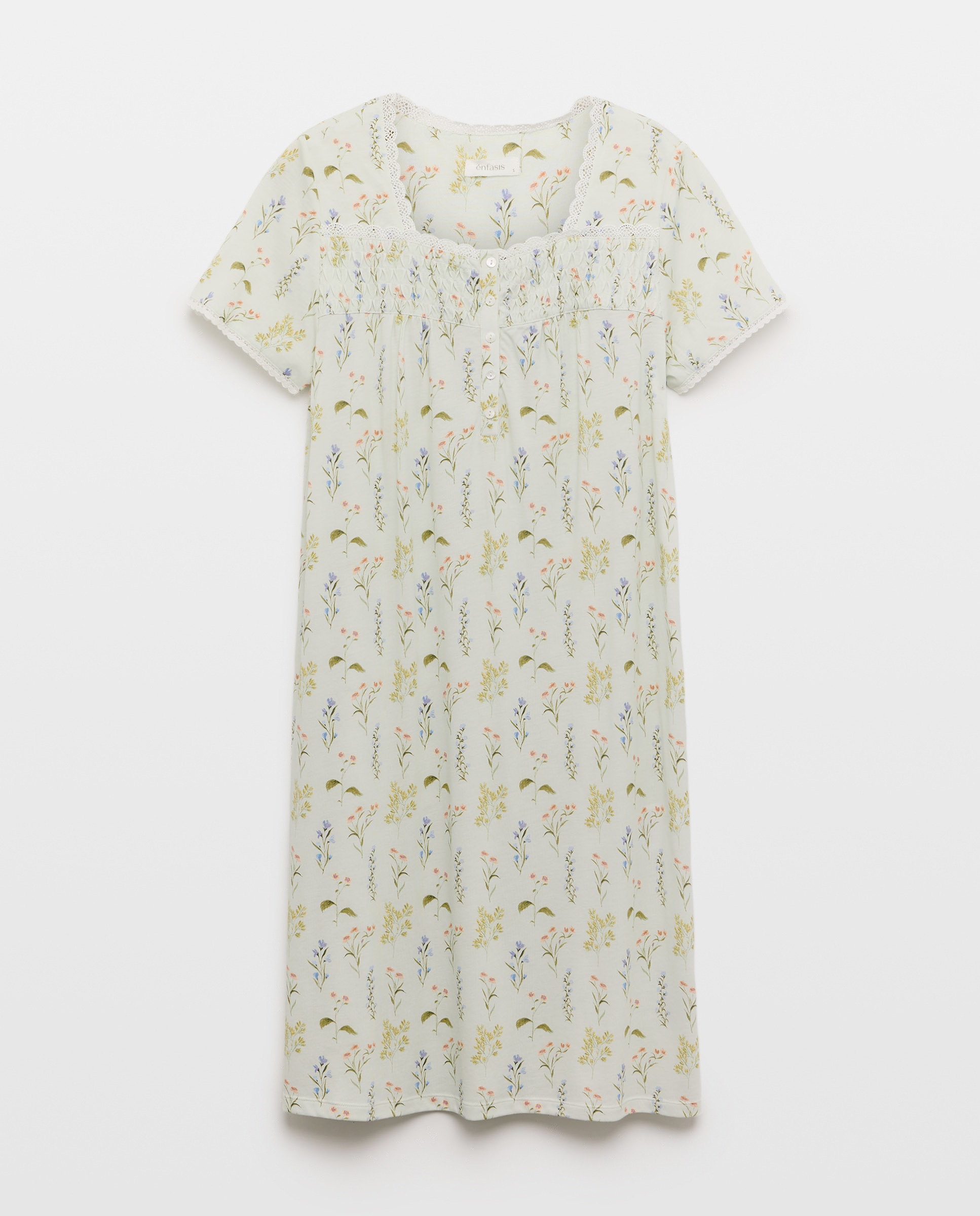 Camisa de Dormir com Decote em Bico e Detalhes Florais Verde-3