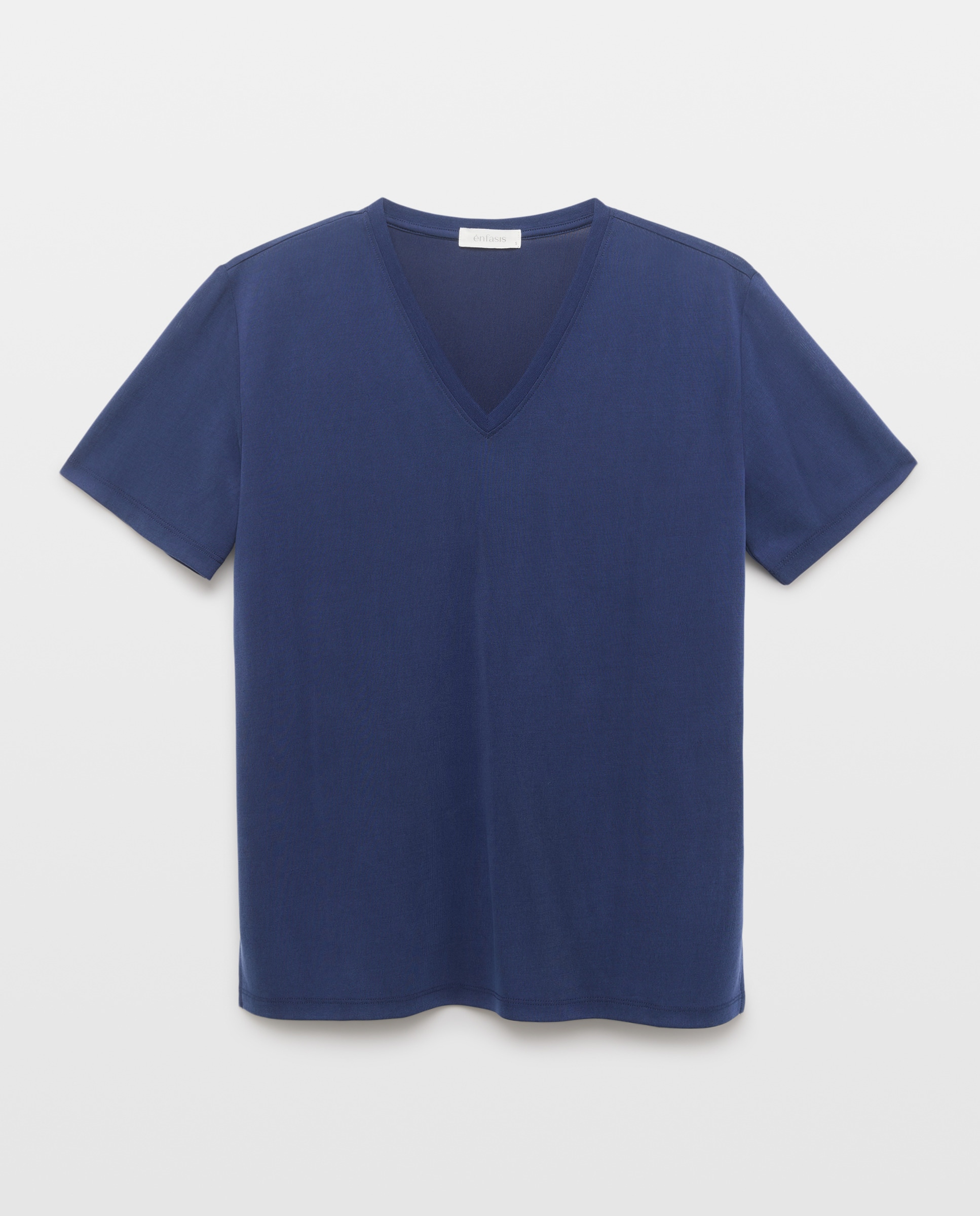 T-shirt com Decote em Bico e Detalhes Azul-marinho-4