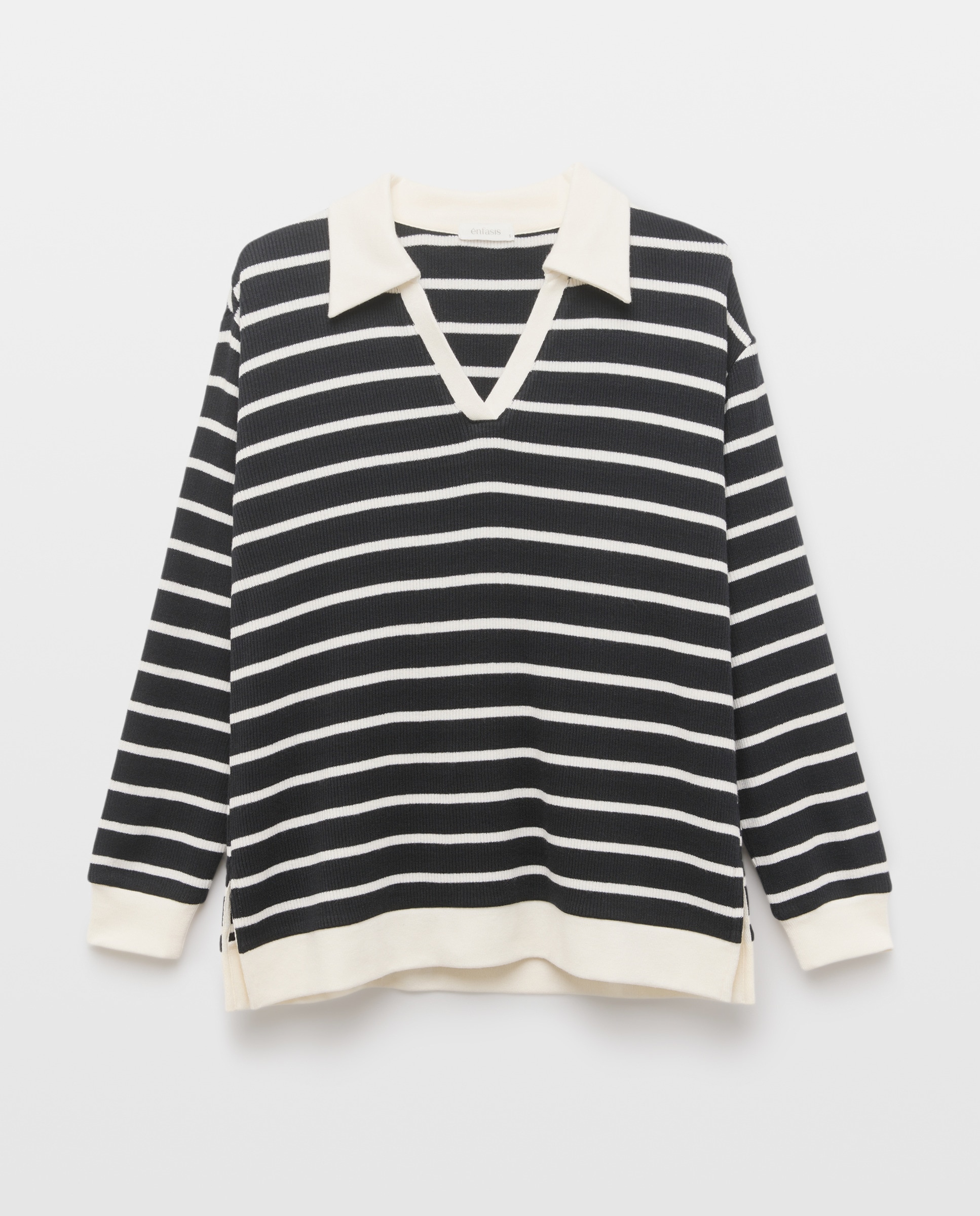 Camisola de Malha Tipo Polo às Riscas Preto-4