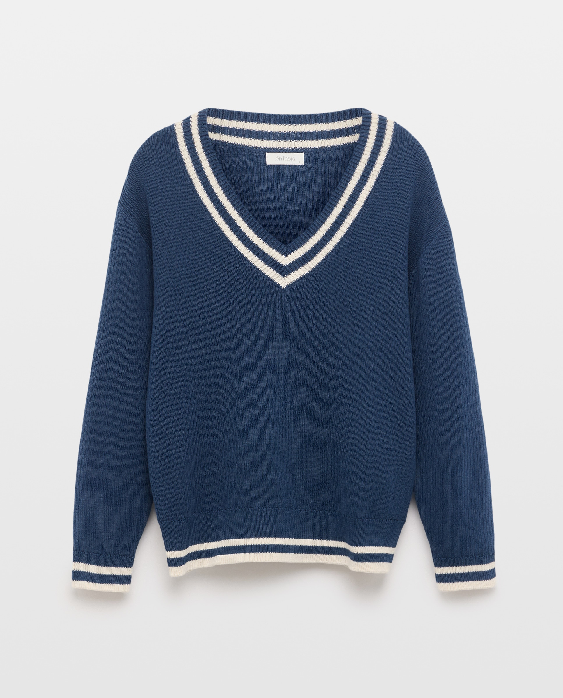 Camisola de Malha de Algodão Lisa Azul-marinho-5