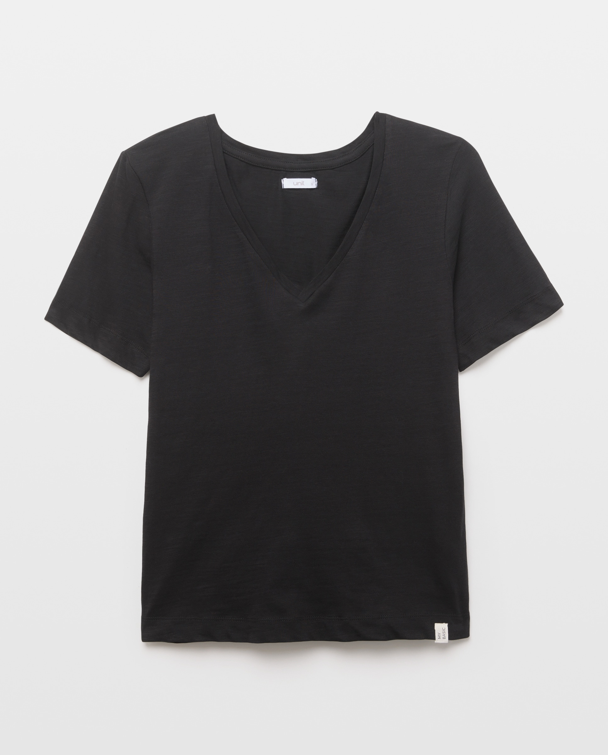 Camiseta básica de mujer cuello pico Negro-4
