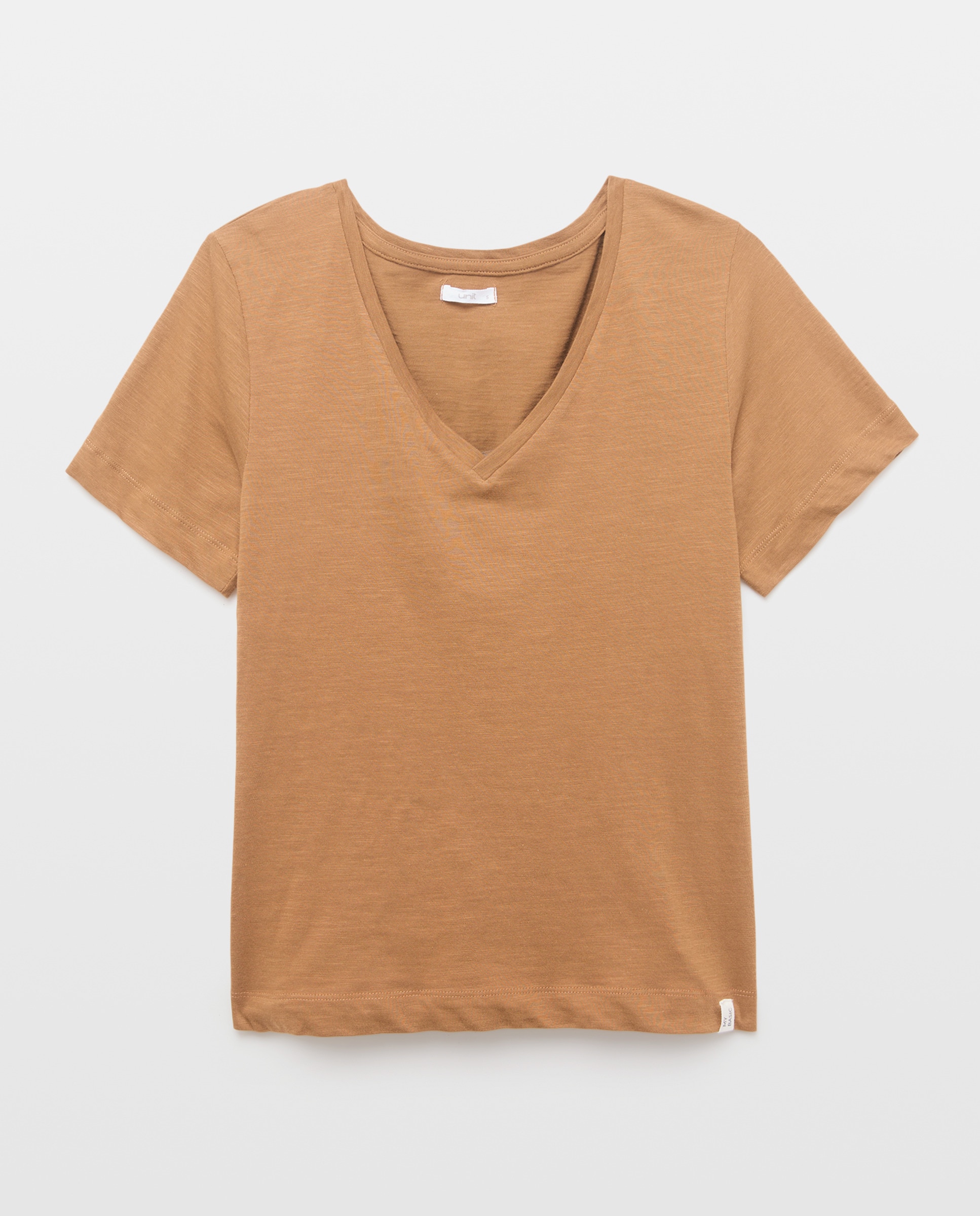 Camiseta básica de mujer cuello pico 740 Tabaco-4