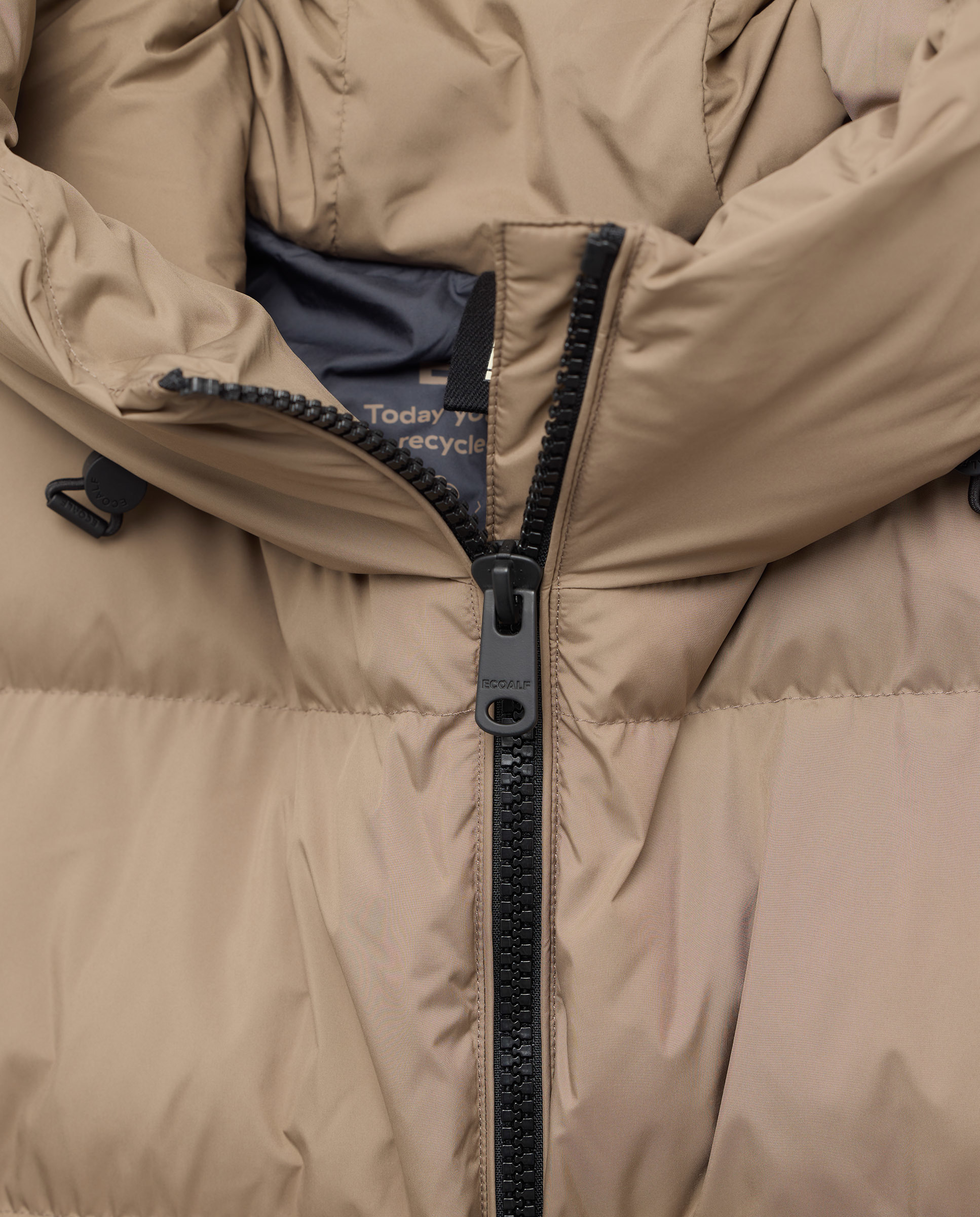 Sobretudo Acolchoado com Fecho de Correr, Capuz e Bolsos Laterais Castanho-claro-5