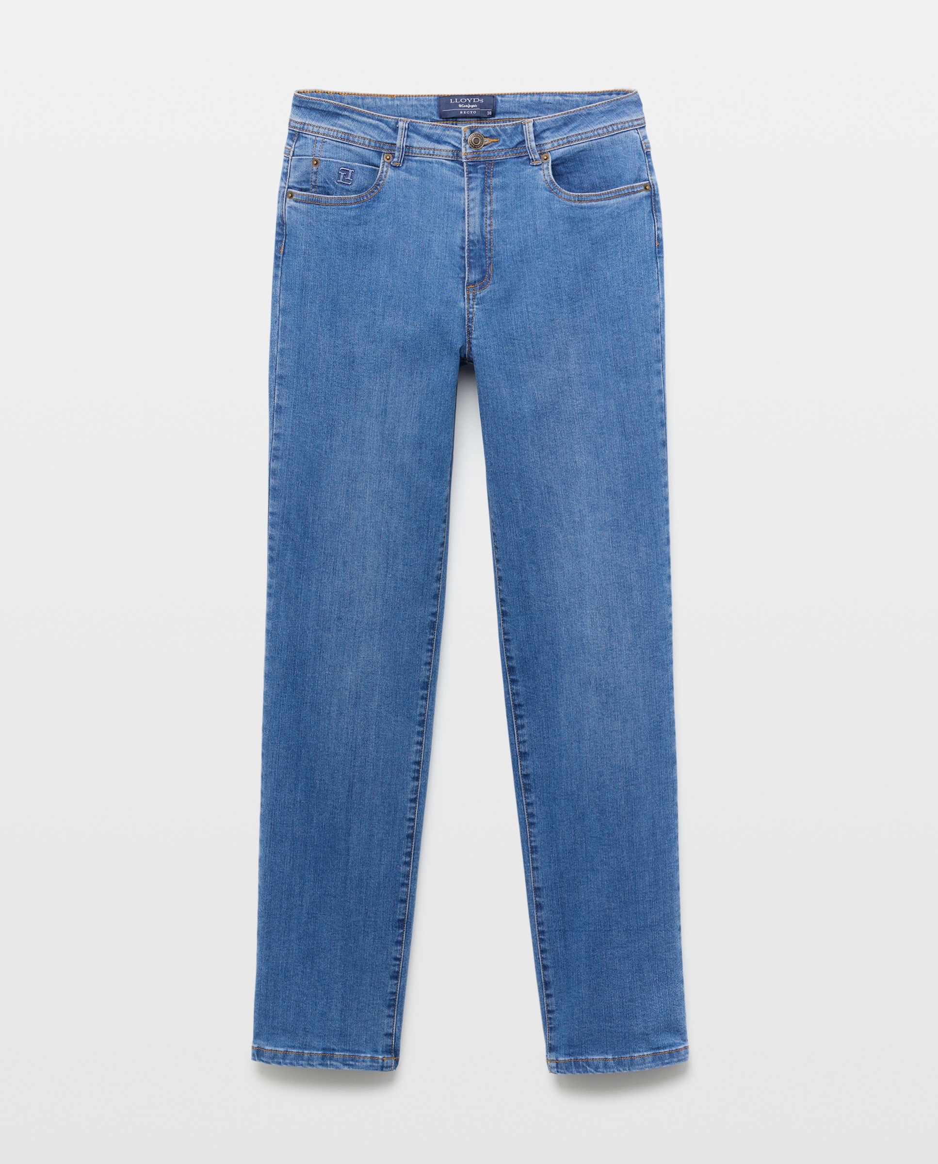 Jeans Straight com Escudo Azul pálido-5