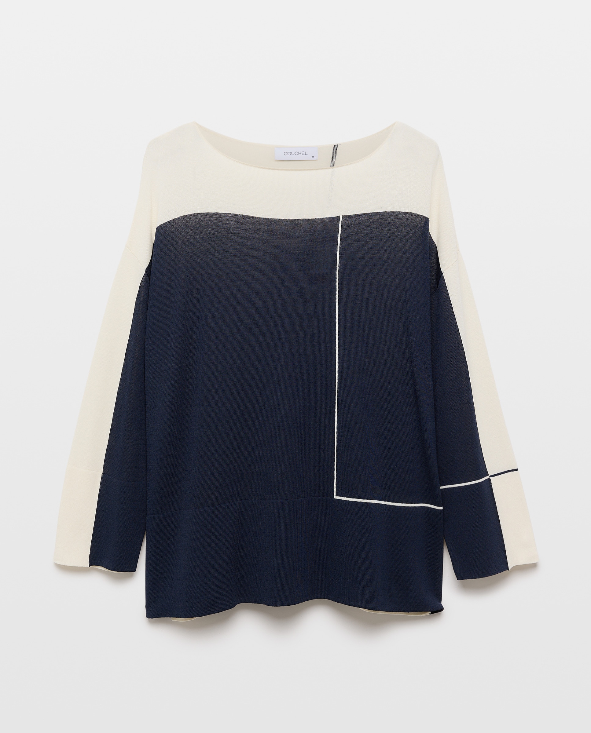 Camisola de Malha com Decote à Barco e Color Block Azul-marinho-4