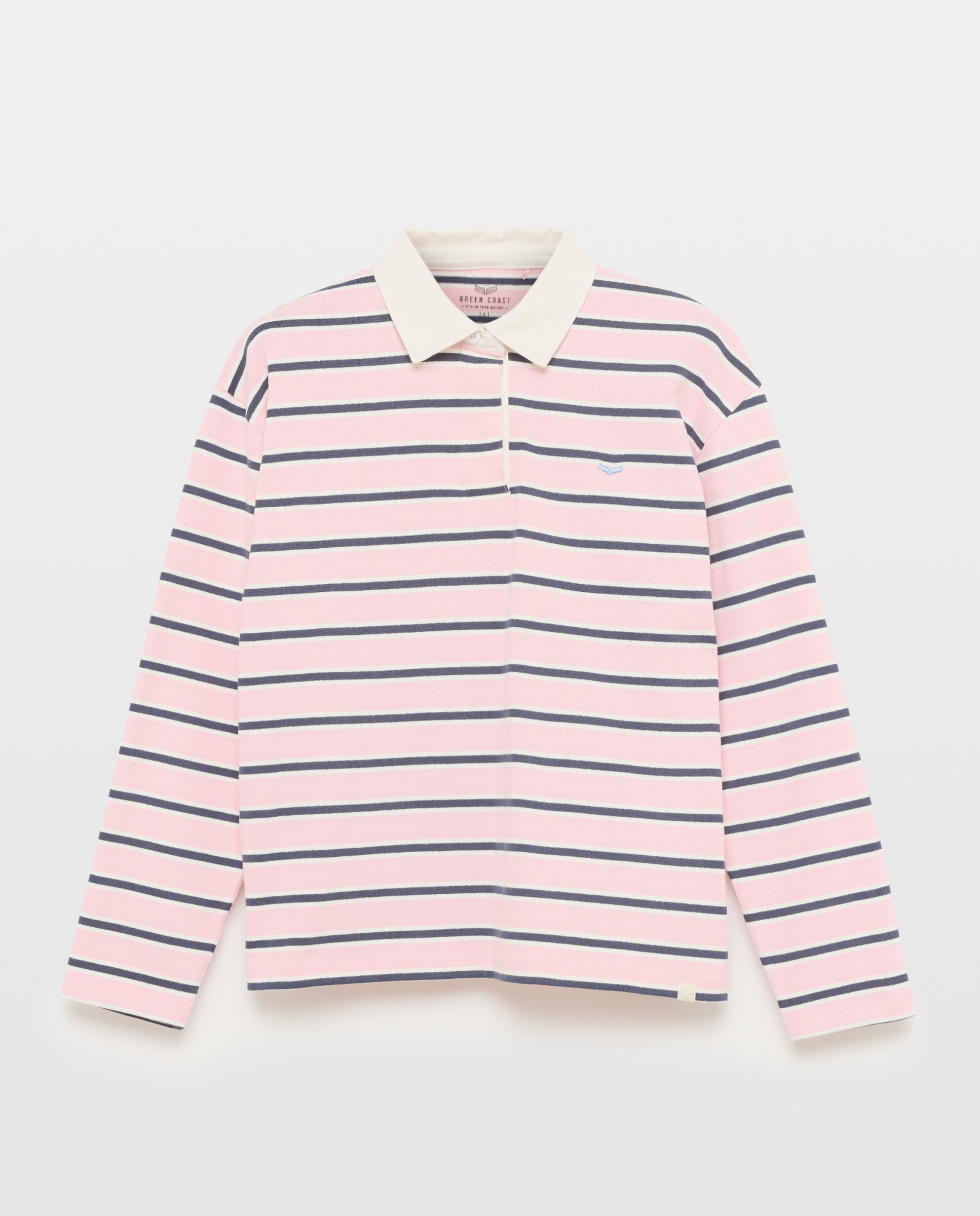 Camisola Tipo Polo de Manga Comprida às Riscas Rosa-5