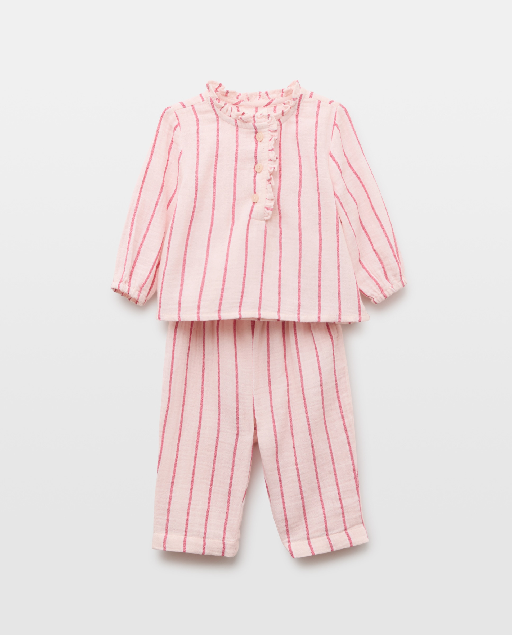 Pijama Completo Comprido de Bebé de Chiffon às Riscas Rosa-1