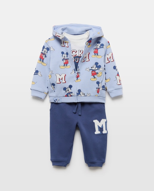 Imagem 0 de Conjunto de 3 Peças de Bebé com Estampado Mickey, Sweatshirt Aberta e Calças de Felpa