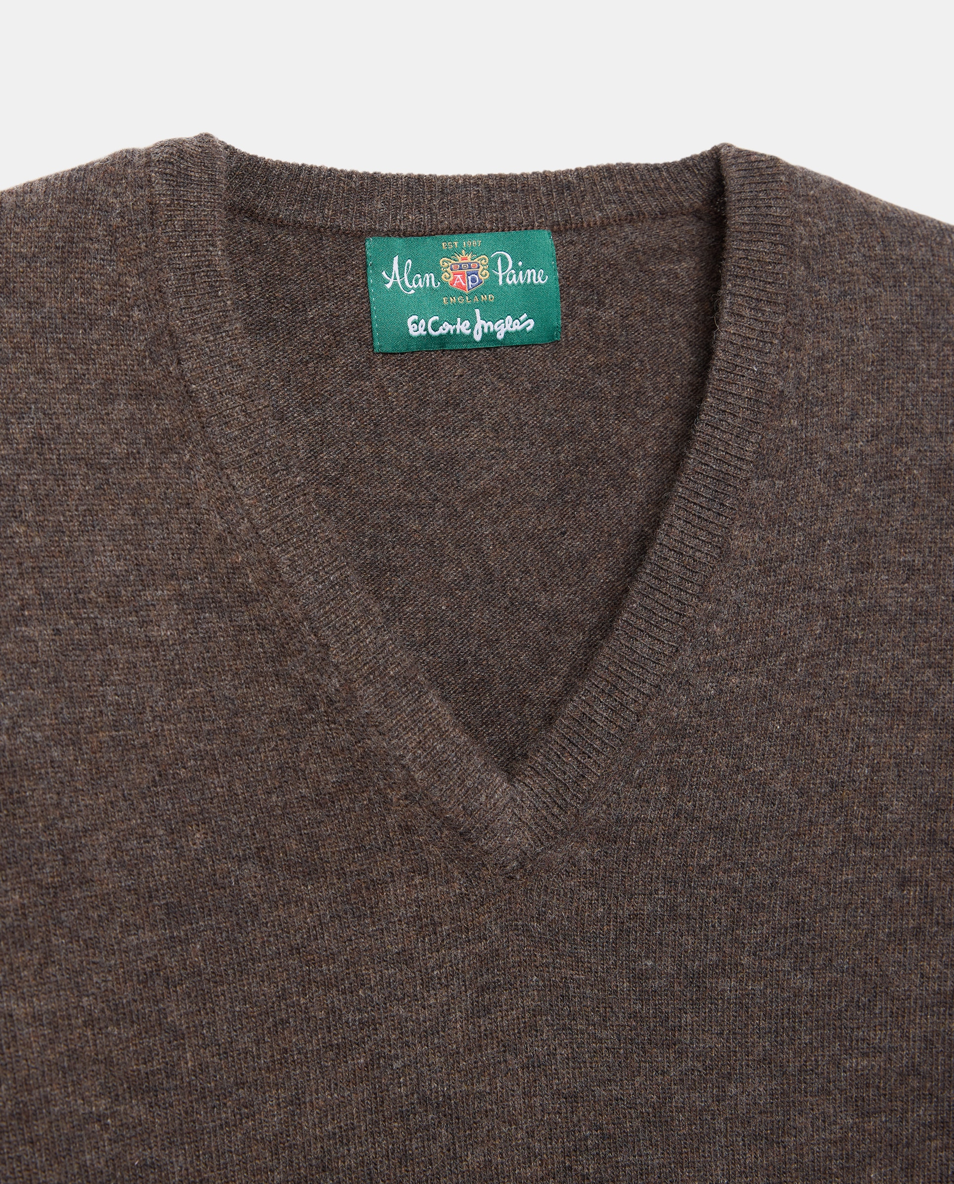 Camisola de Malha 100% Lã com Gola em Bico Castanho-escuro-5