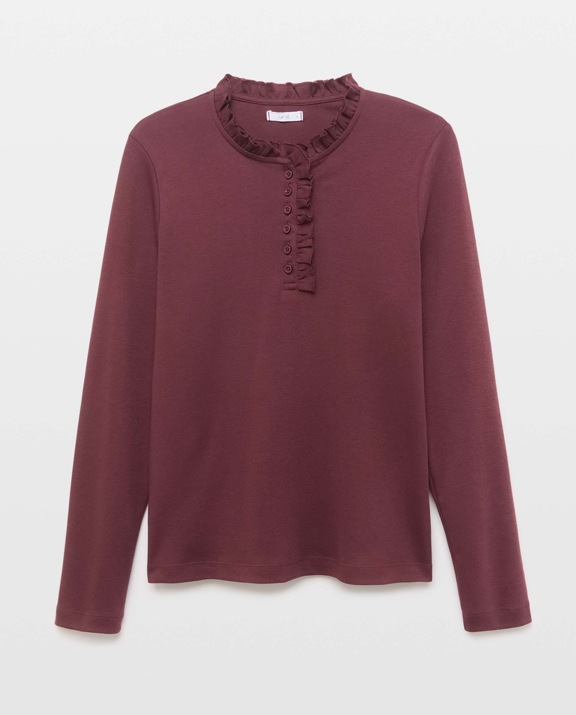 Camiseta de mujer cuello caja con volantes Burdeos-4