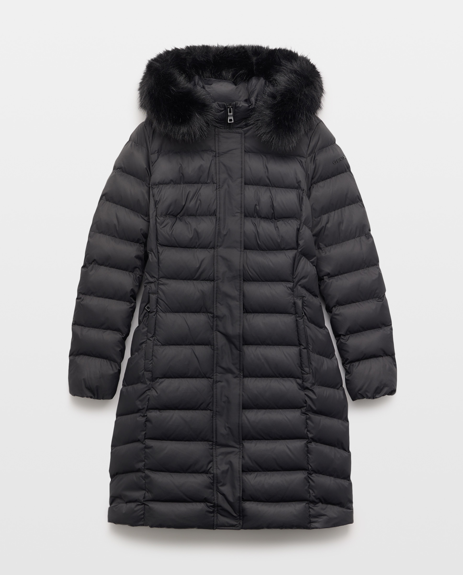 Blusão Acolchoado Comprido com Cinto e Pelo Desmontável Preto-1