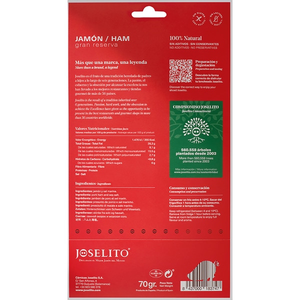 Schinken Gran Reserva in Scheiben 100% naturbelassen aus Salamanca Tütchen 70 g