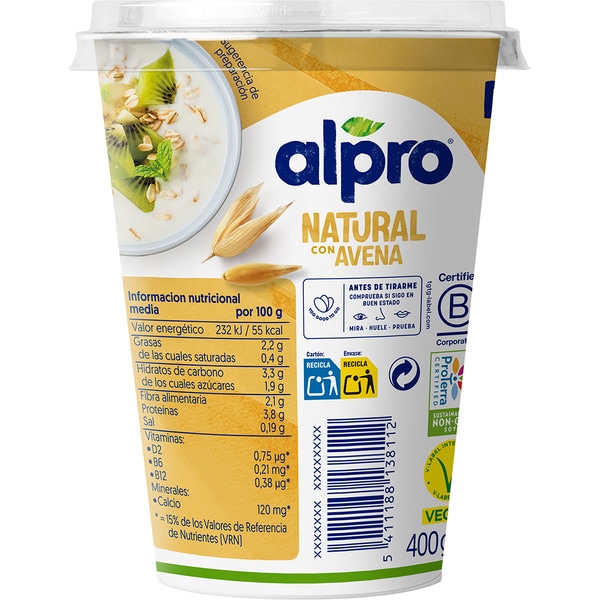 Big Pot pflanzliche Soja-Spezialität natur mit Hafer mit wenig Zucker Behälter 400 g Laktosefreie Produkte