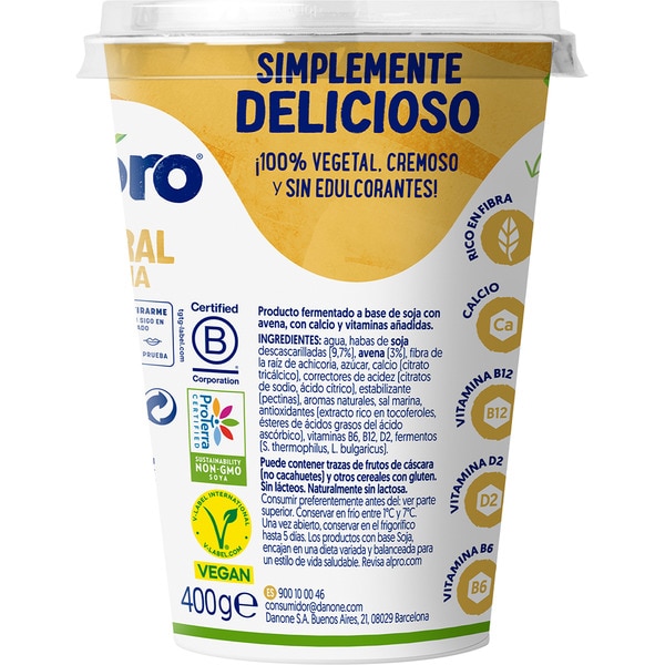 Big Pot pflanzliche Soja-Spezialität natur mit Hafer mit wenig Zucker Behälter 400 g Laktosefreie Produkte