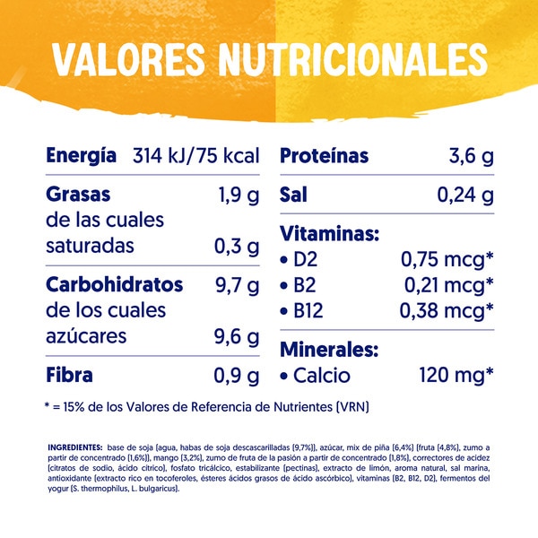 Speciality vegetarian soya dessert 2 peach + 2 pineapple and passion fruit 4-pack units 125 g gluten-free, lactose-free