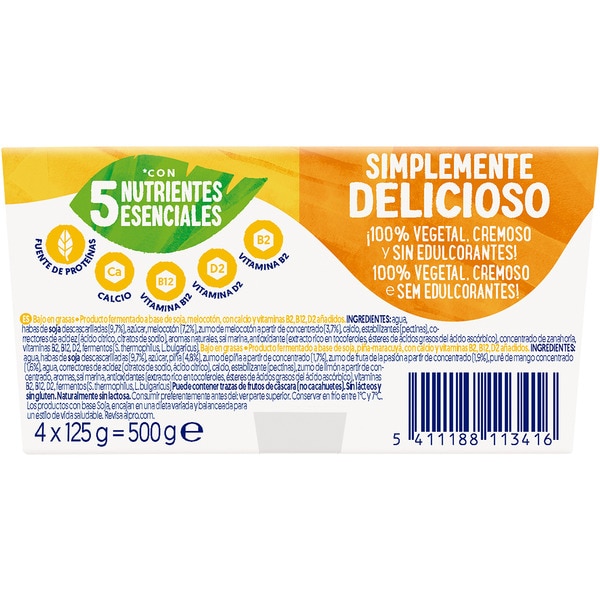 Speciality vegetarian soya dessert 2 peach + 2 pineapple and passion fruit 4-pack units 125 g gluten-free, lactose-free