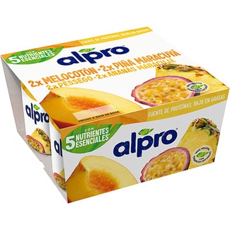 especialidad vegetal de soja 2 melocotón + 2 piña con fruta de la pasión pack 4 unidades 125 g sin gluten sin lactosa - Alpro