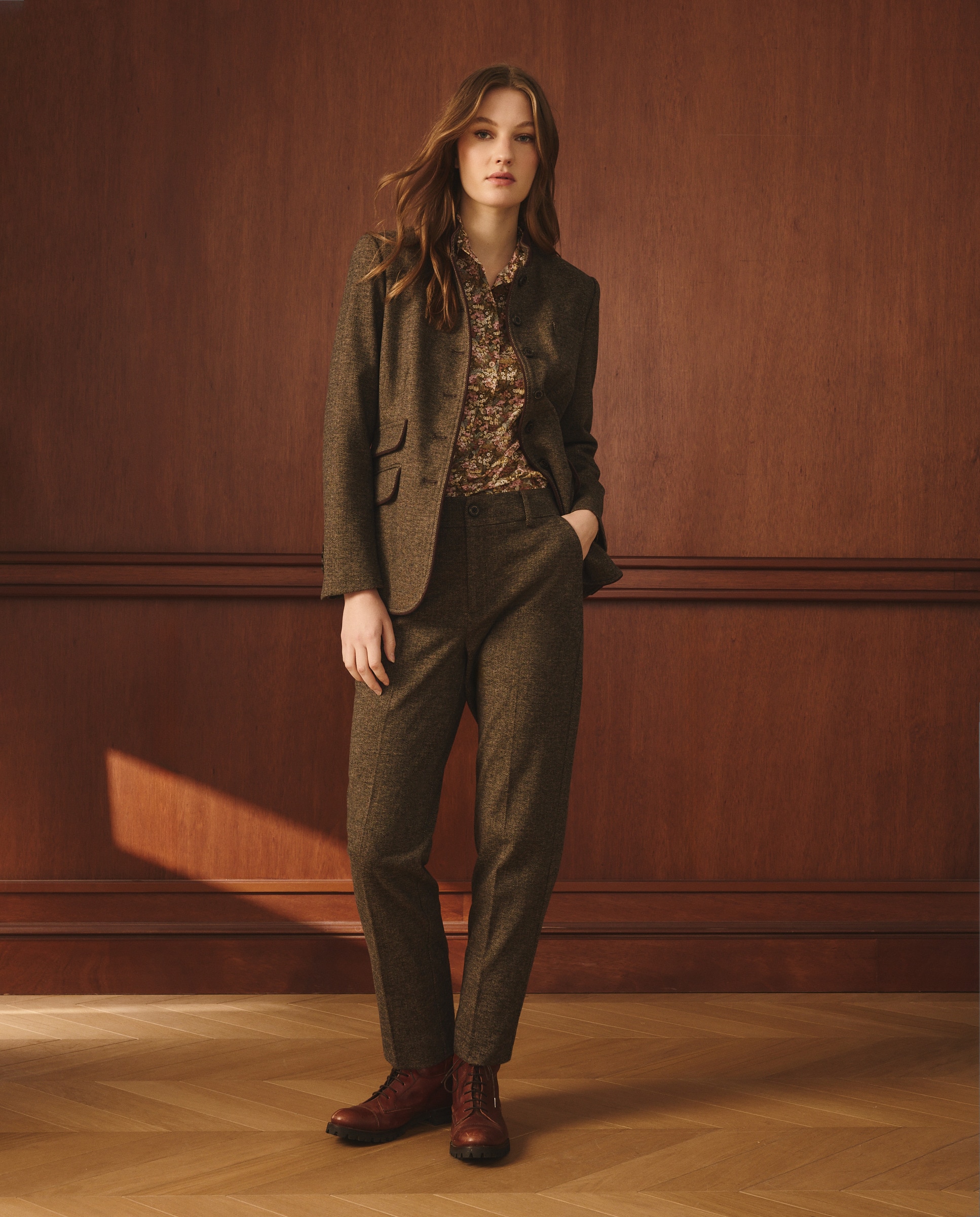 Blazer com Contrastes de Veludo Castanho-2