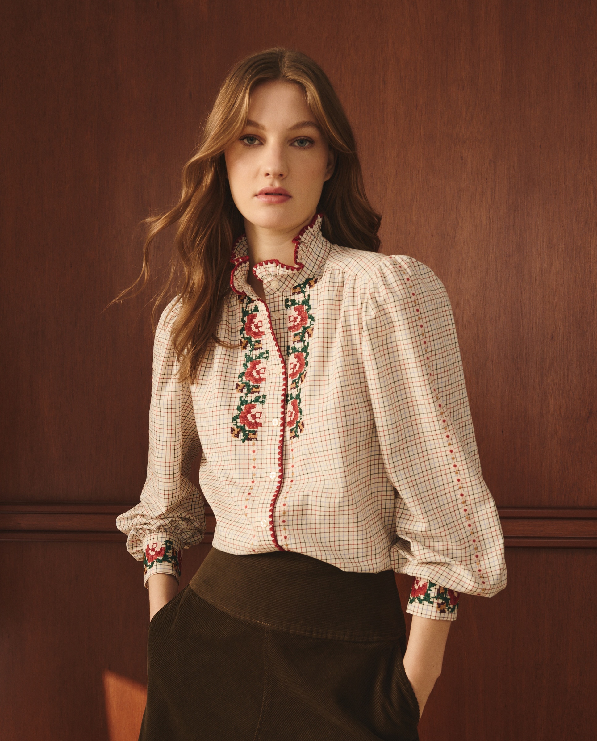 Blusa com Estampado Floral e aos Quadrados Branco-2