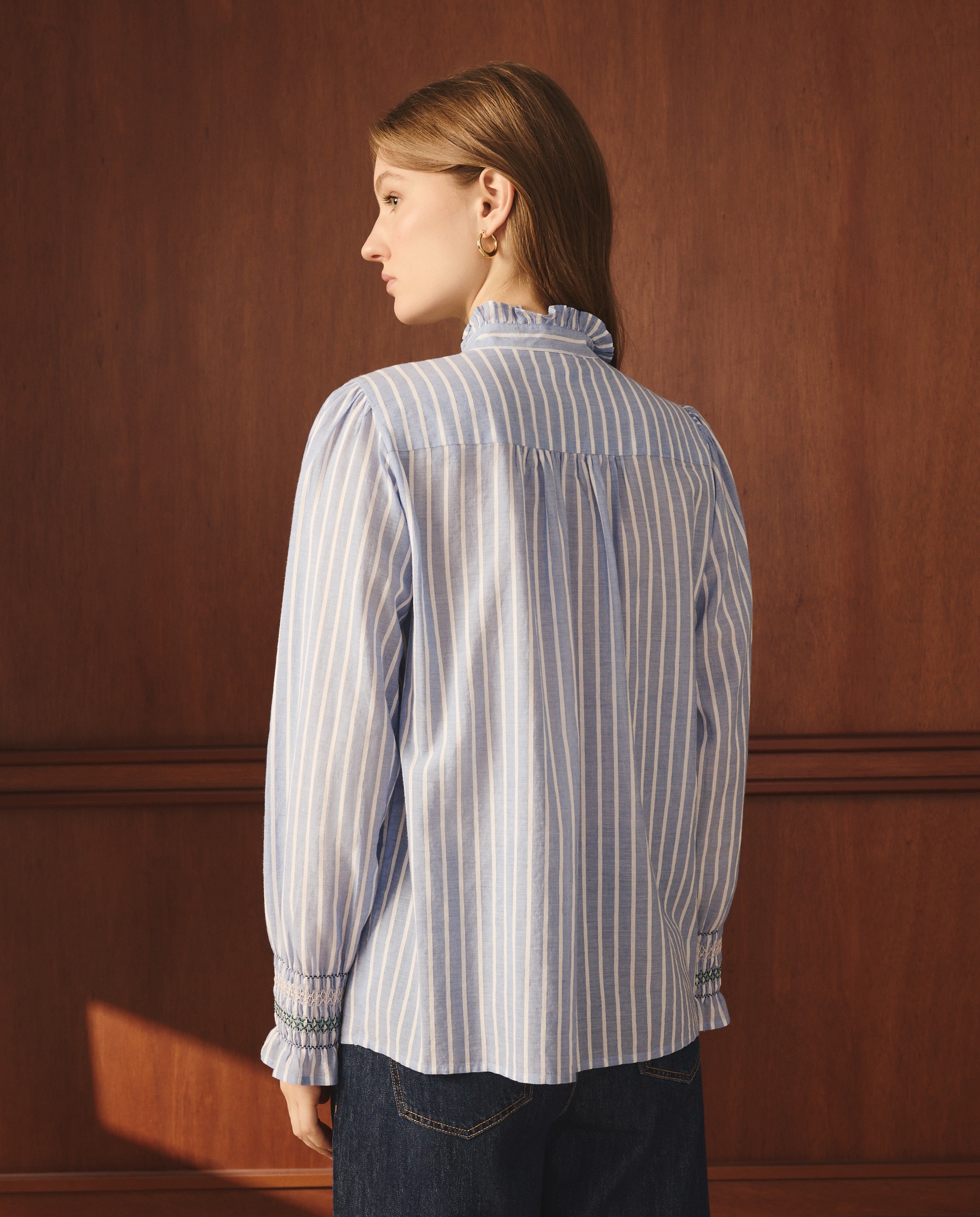 Blusa de Manga Comprida às Riscas com Favos de Mel Azul-3
