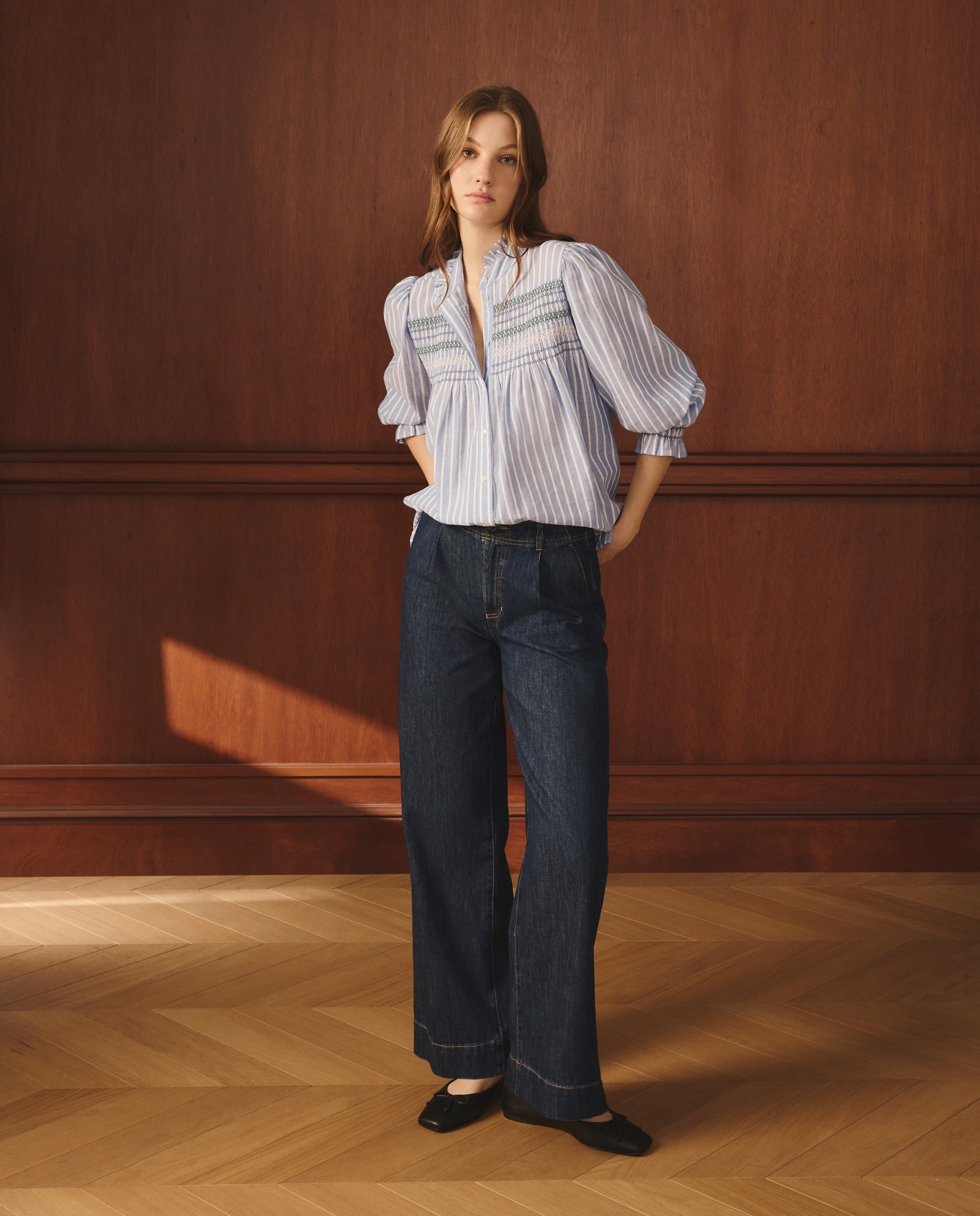 Blusa de Manga Comprida às Riscas com Favos de Mel Azul-2