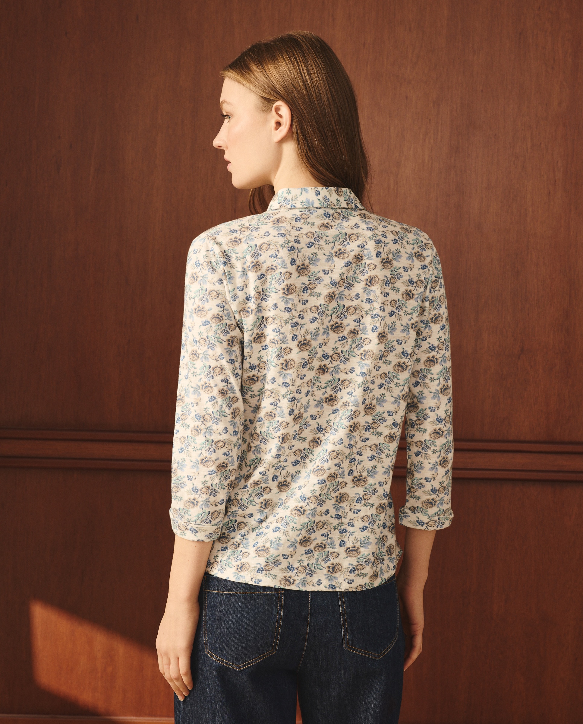 T-shirt com Colarinho de Camisa e Estampado Floral Azul-3