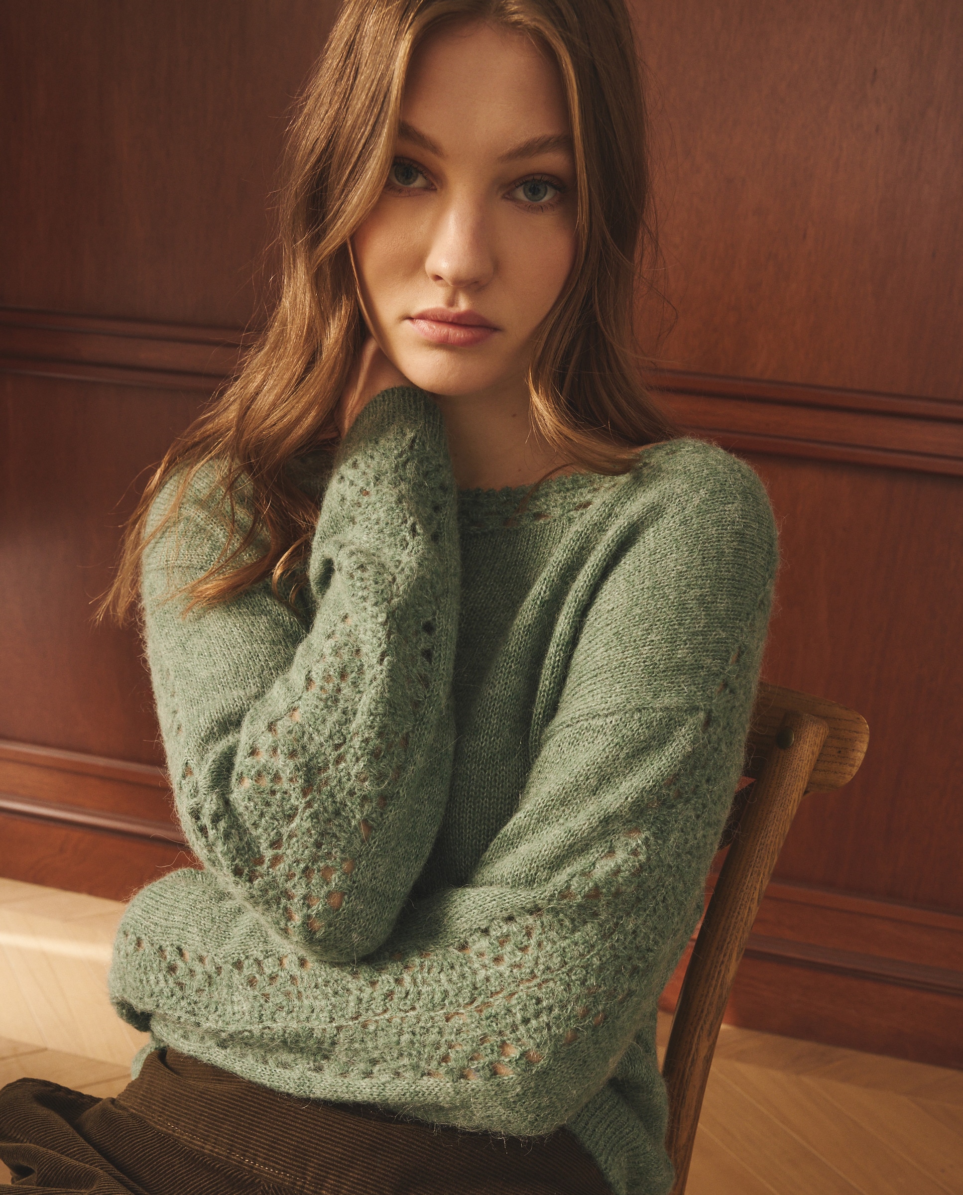 Camisola de malha de mulher com manga comprida e decote redondo Verde-claro-3