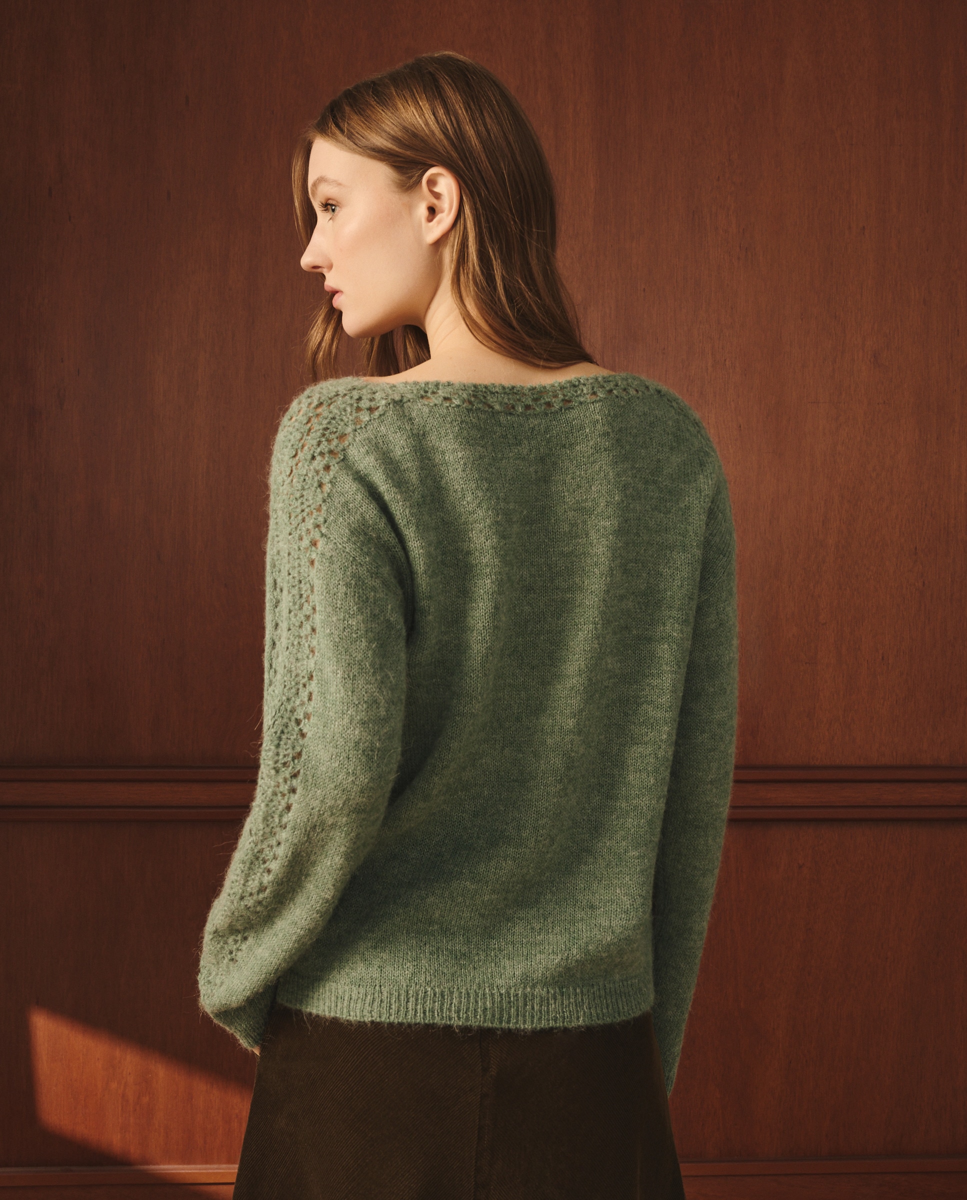 Camisola de malha de mulher com manga comprida e decote redondo Verde-claro-4