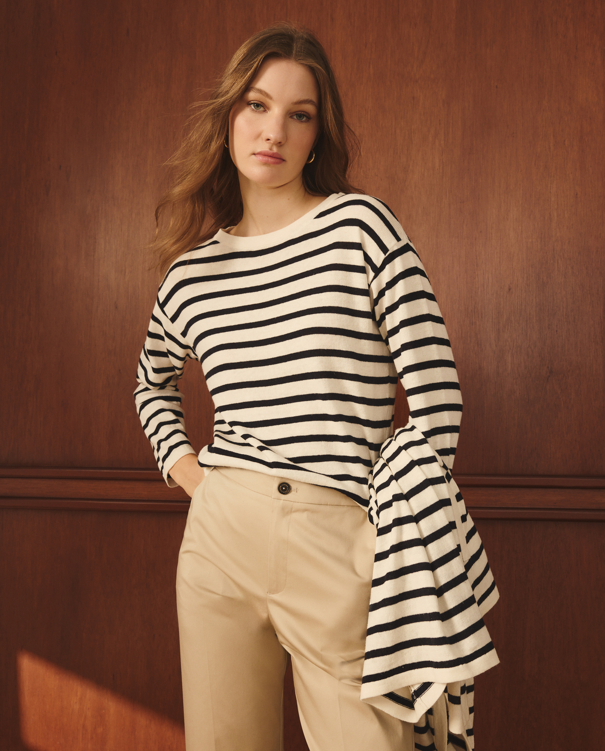 Camisola de malha de mulher com manga comprida e estampado às riscas Branco-1