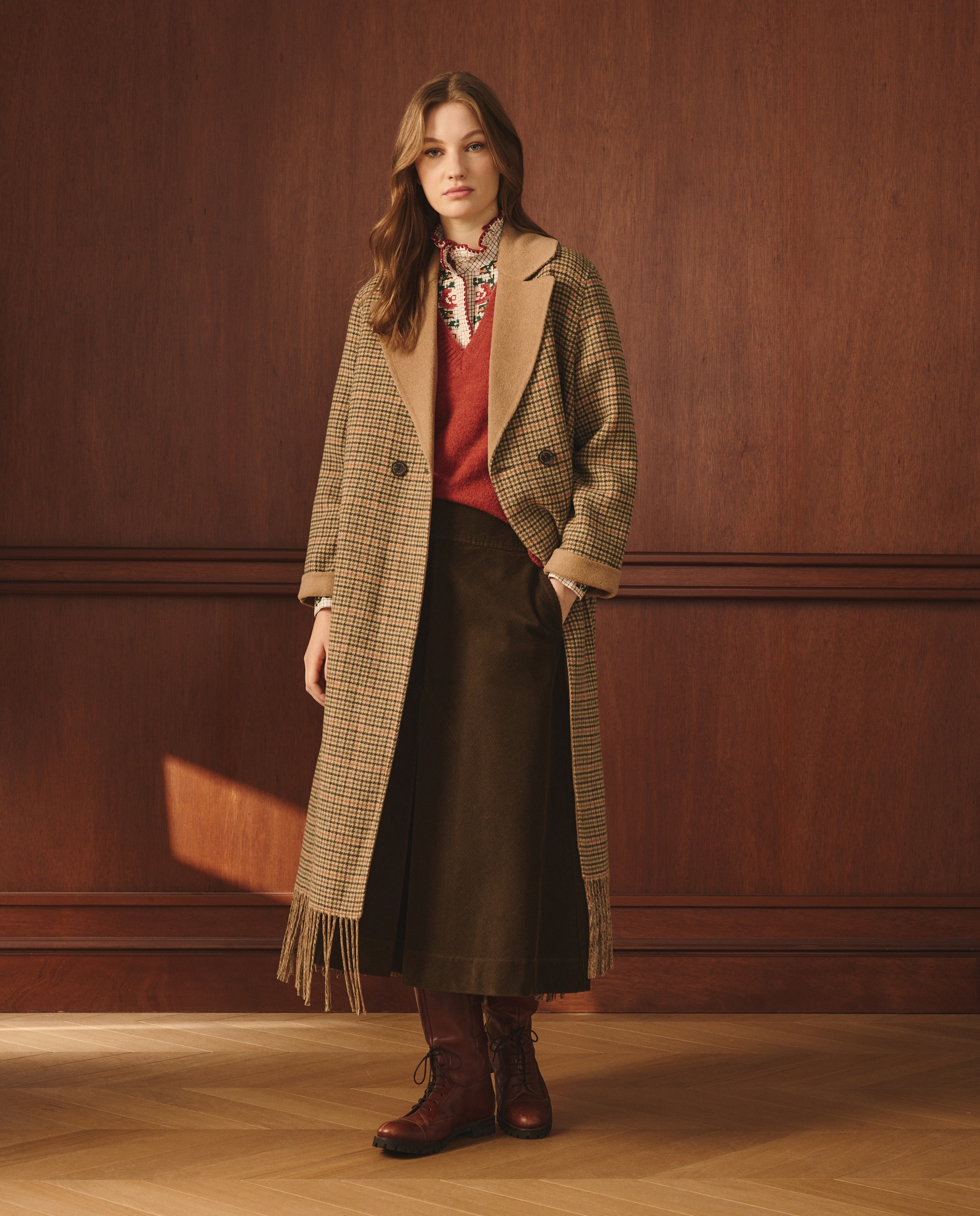 Sobretudo Comprido aos Quadrados e com Franjas 730 Camel-1