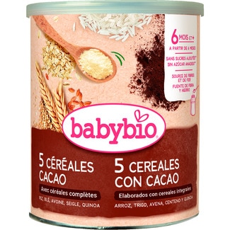 papilla ecológica de 5 cereales integrales con cacao sin azúcar añadido lata 220 g - Babybio