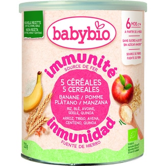 Inmunité papilla ecológica de 5 cereales plátano y manzana a partir de 6 meses lata 220 g sin azúcar añadido - Babybio