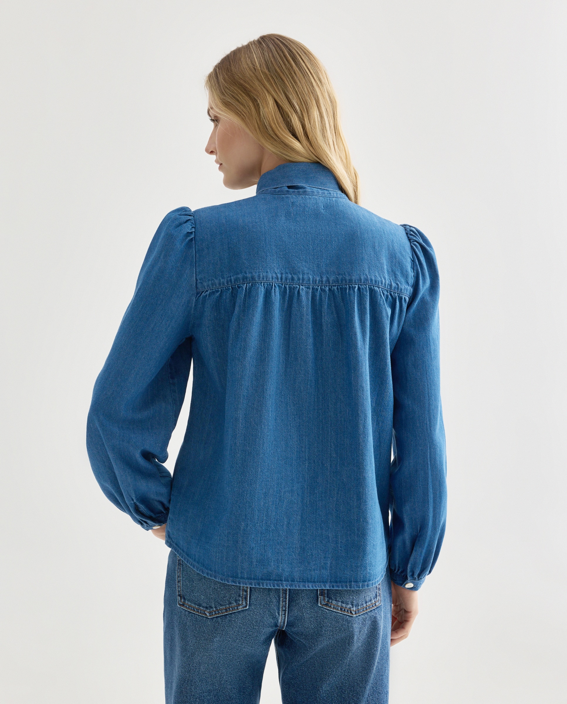 Blusa de mujer denim con lazada Azul pálido-3