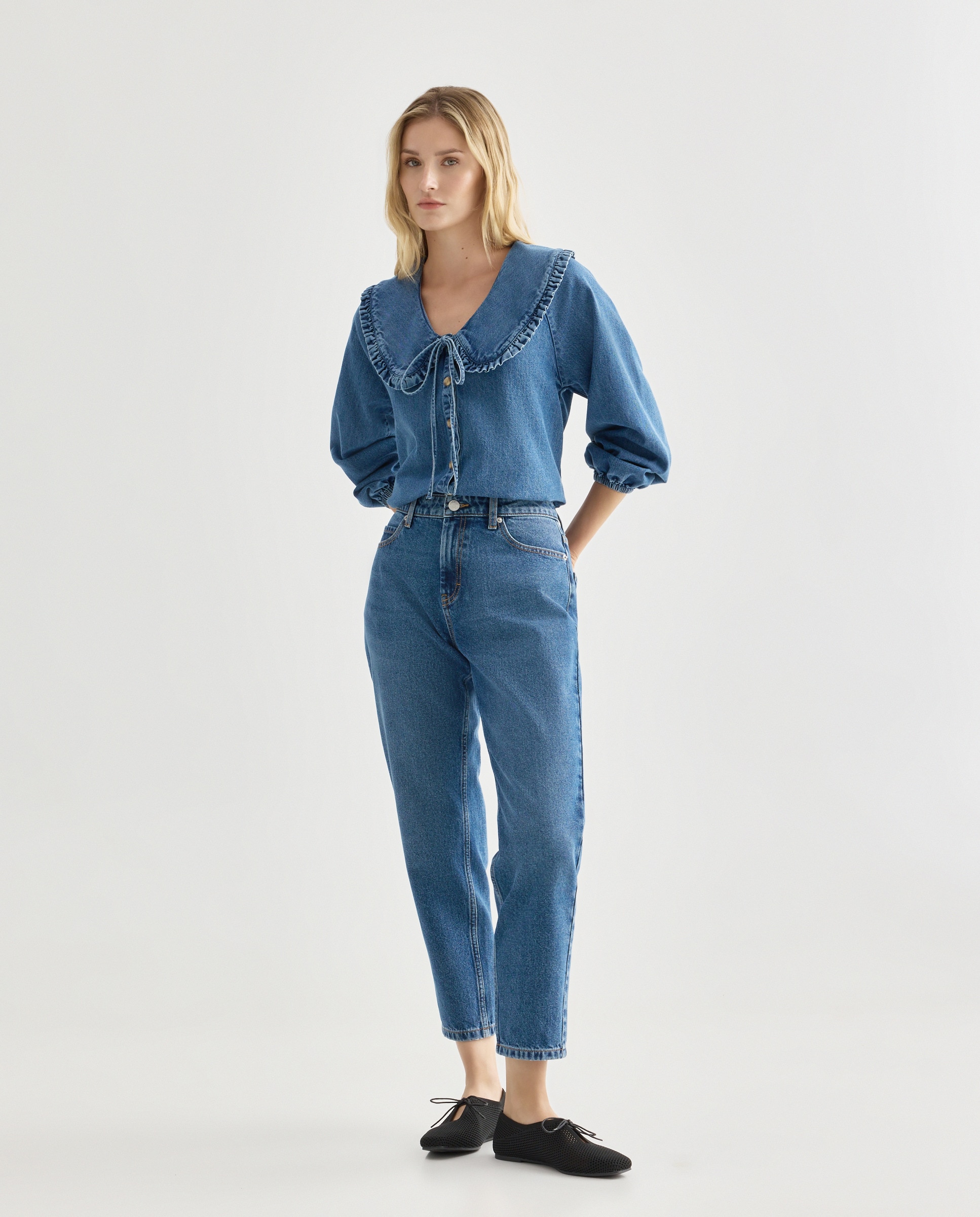 Blusa de mujer denim con cuello bobo Azul pálido-2