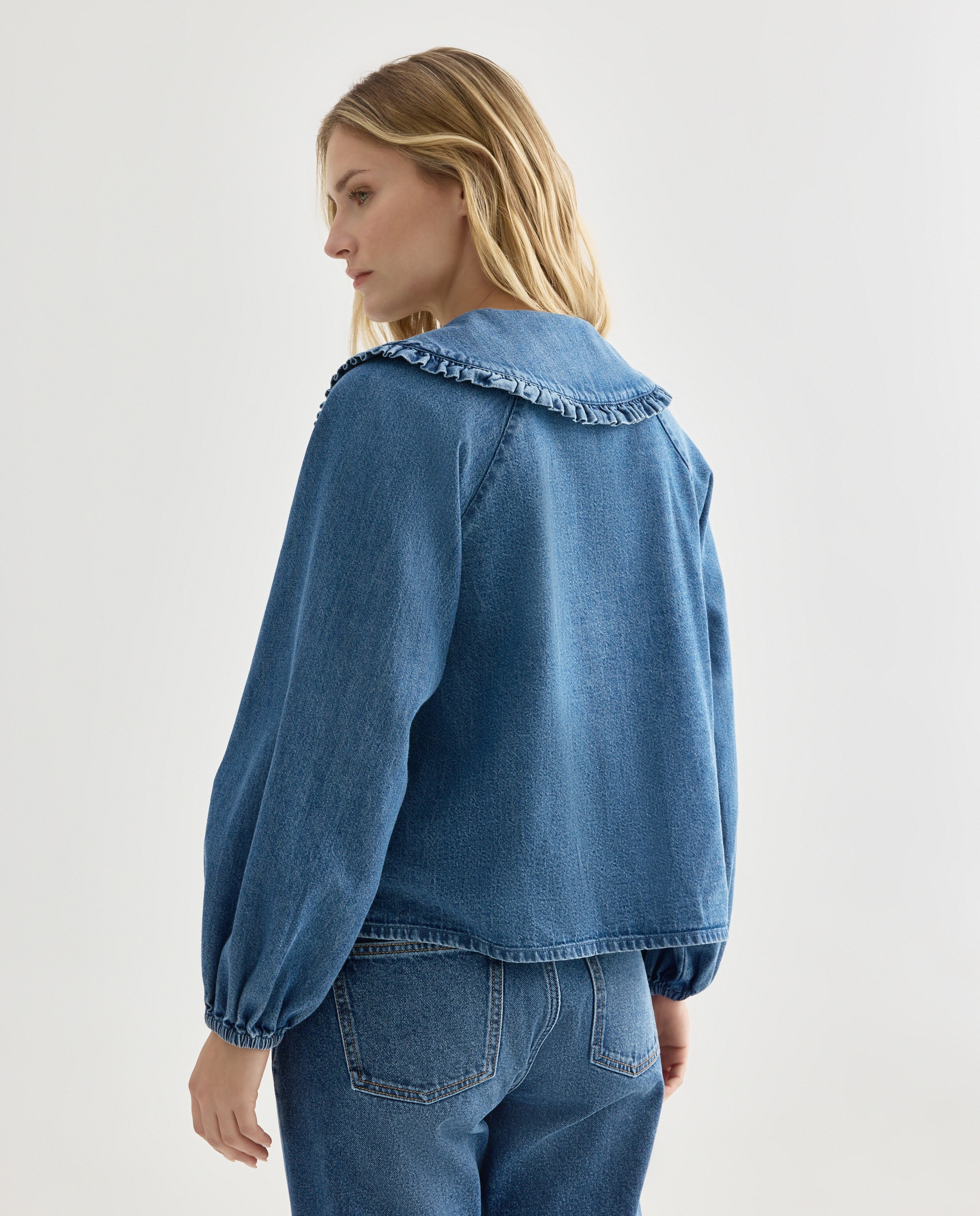 Blusa de mujer denim con cuello bobo Azul pálido-3